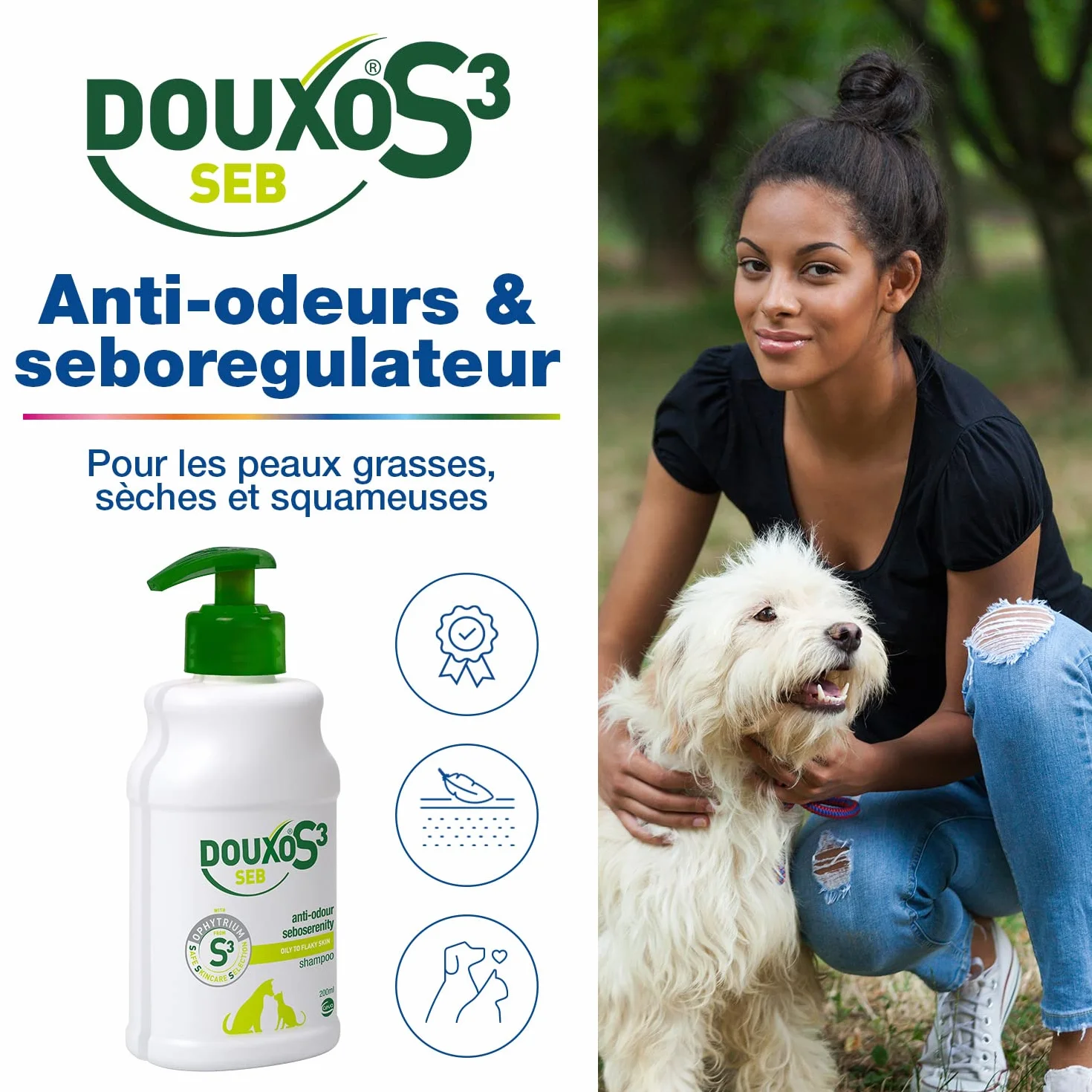 DOUXO S3 SEB Shampooing Anti-Odeur et séborégulateur, pour Chiens et Chats avec des pellicules, Poils Gras et Mauvaises odeurs pour Chiens et Chats, 500ml