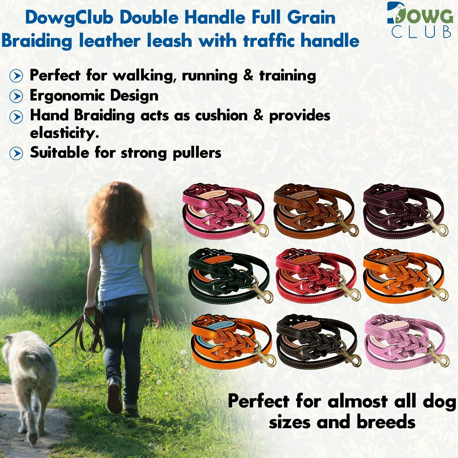 Laisse pour chien en cuir véritable tressé à la main avec double poignée avec anneau en D, rembourrée et poignée de signalisation, 1,8 m