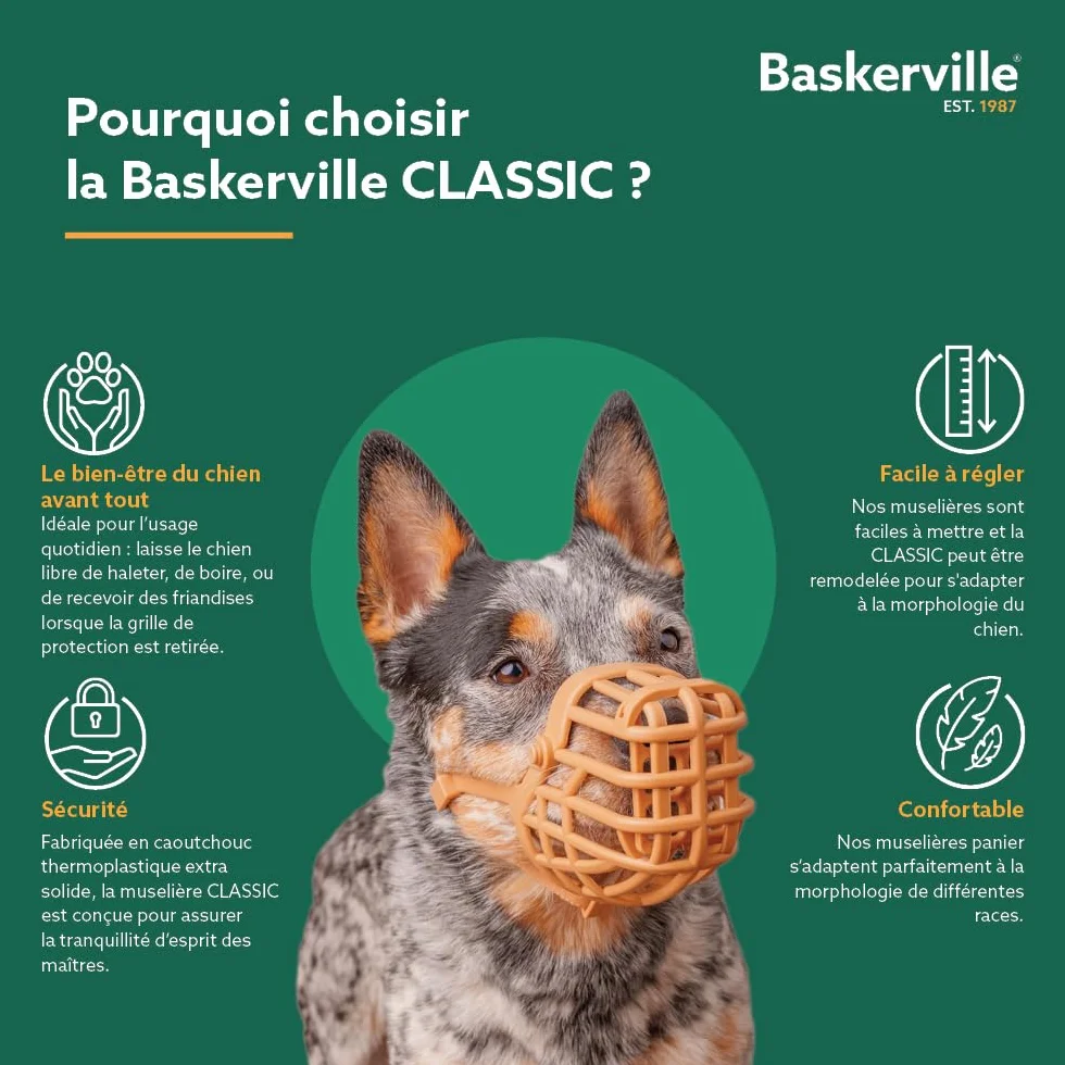 MUSELIÈRE PANIER BASKERVILLE CLASSIC - Laisse le chien boire/haleter, l’empêche de mordre/faire les poubelles, idéal pour les chiens à long museau, respirante, pour les grands chiens (Taille 10)