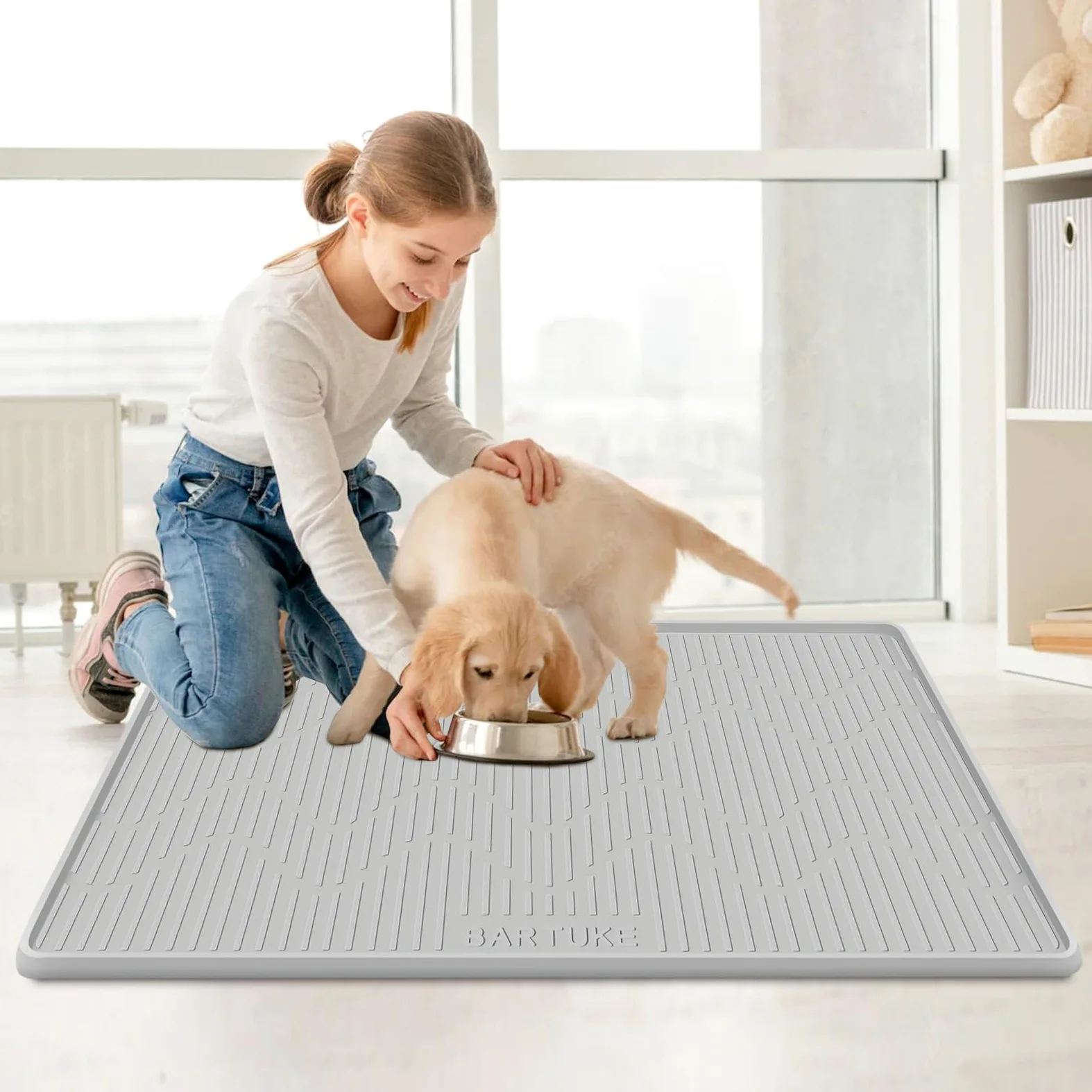 Tapis de nourriture pour chien - 101 x 56 cm - En silicone avec bord surélevé - Antidérapant - Pour nourriture et eau - Pour animaux de compagnie de petite, moyenne et grande taille