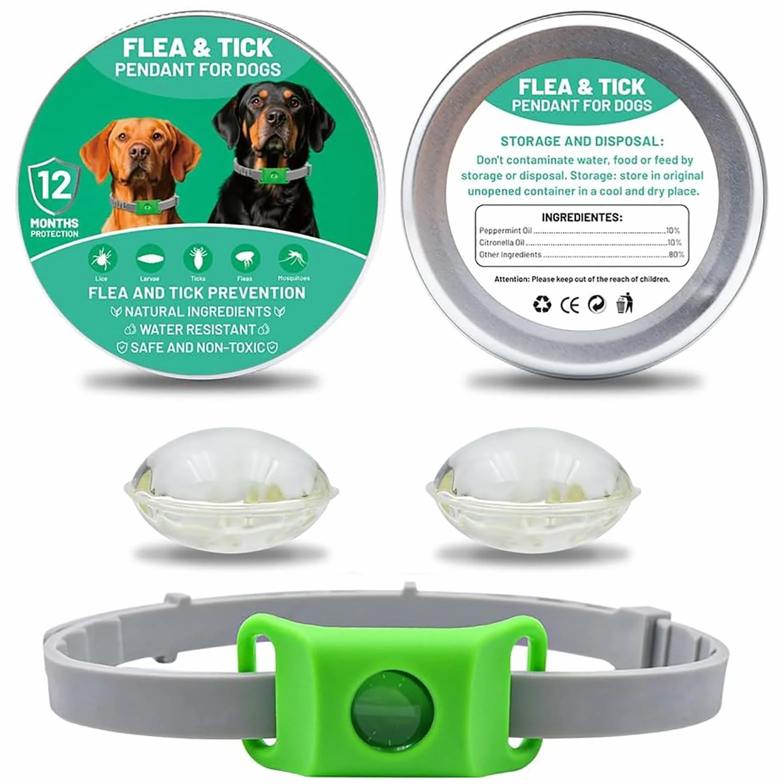 Collier Anti Puce et Tique Naturel pour Chien, Répulsif Huiles Essentielles 2 Capsules Remplaçables, Réglable Compatible AirTag Vert