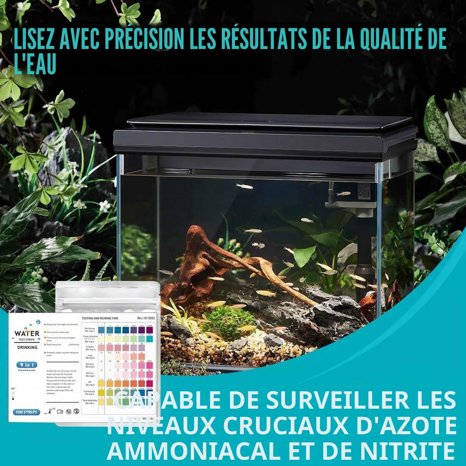 Lot de 100 Bandelettes Test Eau Aquarium 9 en 1, Kit pour Eau Douce et Salée, Test Nitrite Nitrate pH GH KH Chlore Cuivre Fer avec Tube et Thermomètre