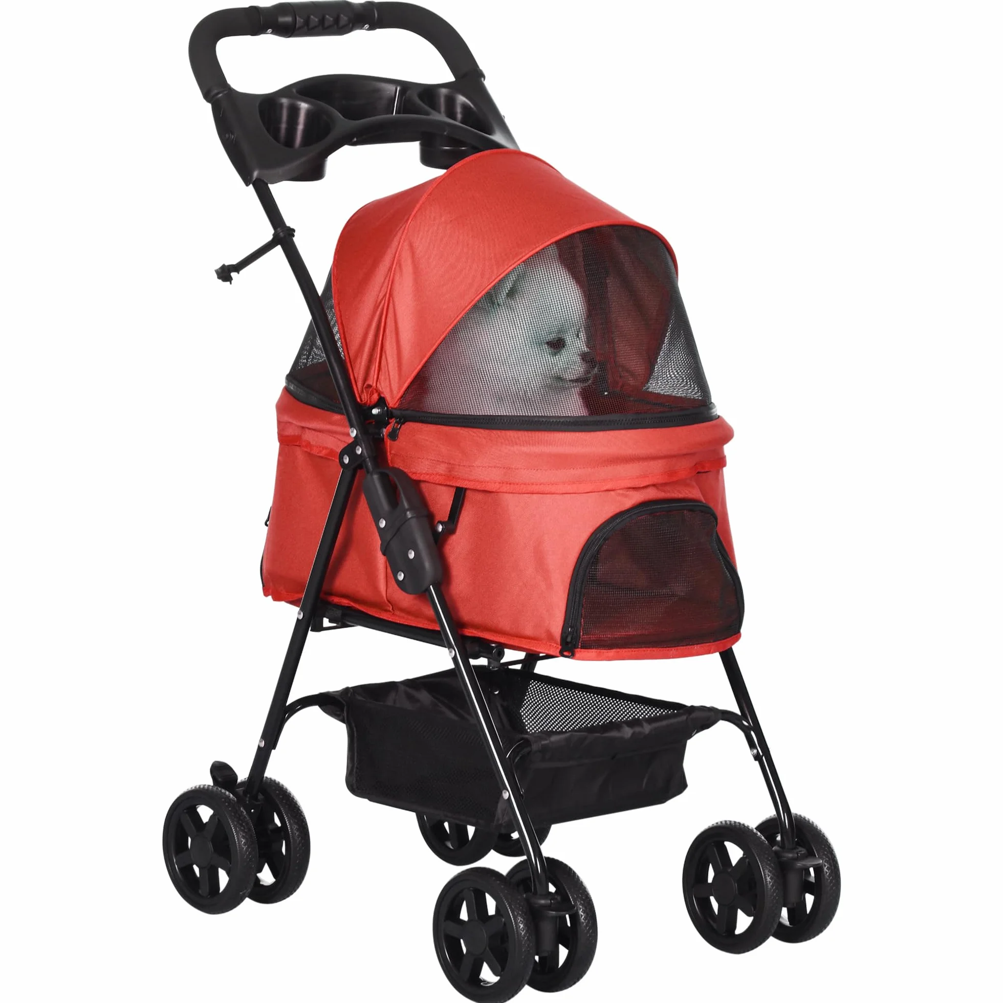PawHut Poussette pliable pour chien chat 4 roues rouge tissu Oxford 300D imperméable porte-gobelets