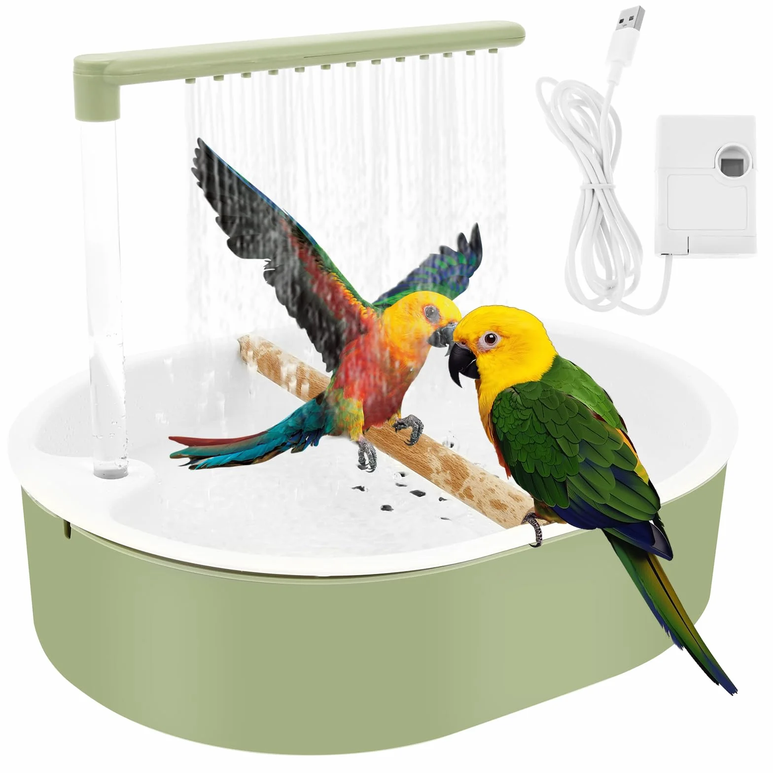 Bain d'oiseaux USB pour perruches, inséparables et aras (vert)