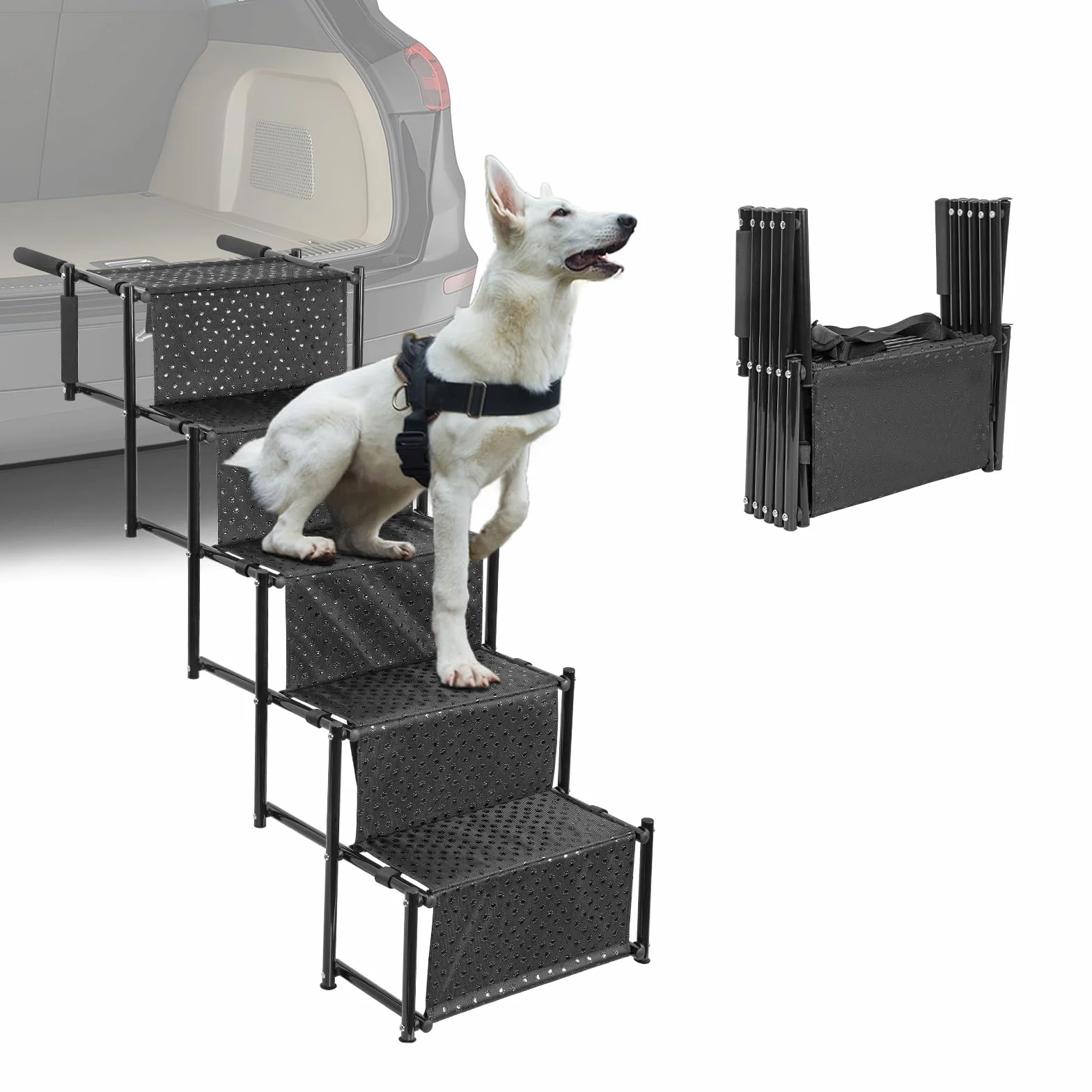 OUUTMEE Escalier pour Chien à 5 marches, Rampe Pliable avec Surface antidérapante, escalier pour Chiens Petits et Grands jusqu'à 80 kg, pour Voitures et SUV
