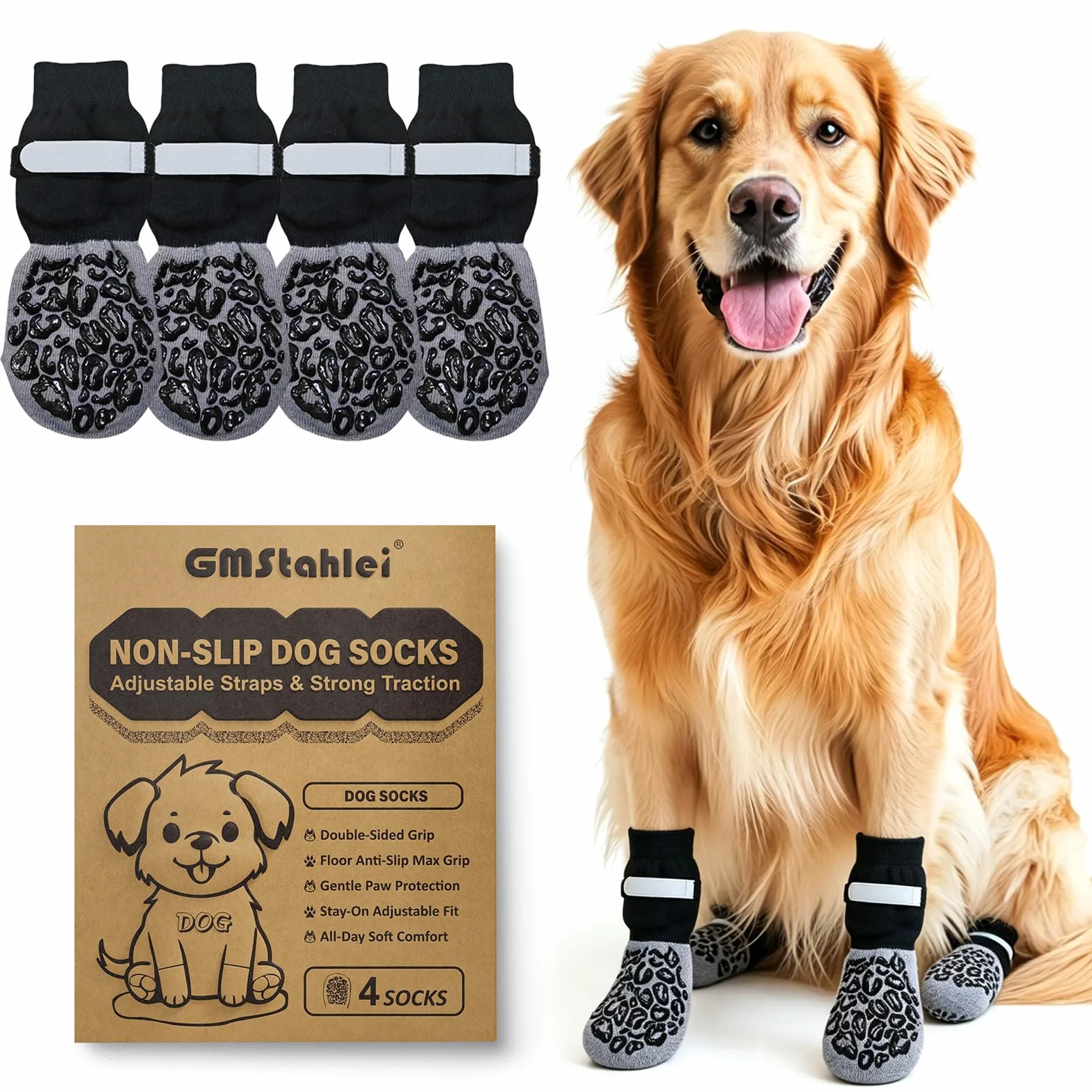Chaussettes Antidérapantes pour Chien avec Double Adhérence - Lot de 4 pour Parquet et Carrelage, Anti-Glisse et Anti-Léchage (M)