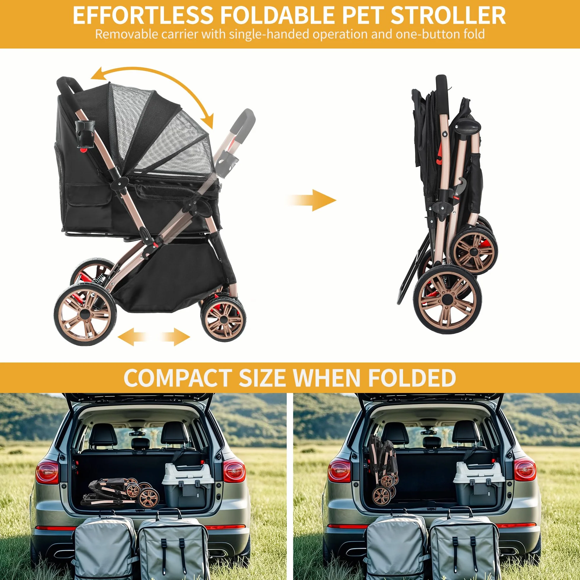 DWVO Poussette 3 en 1 pour Chien et Chat Pliable 22 kg Roues EVA Résistantes à l'Usure 360° Panier de Rangement Fenêtre en Filet 58,5 x 76 x 105 cm