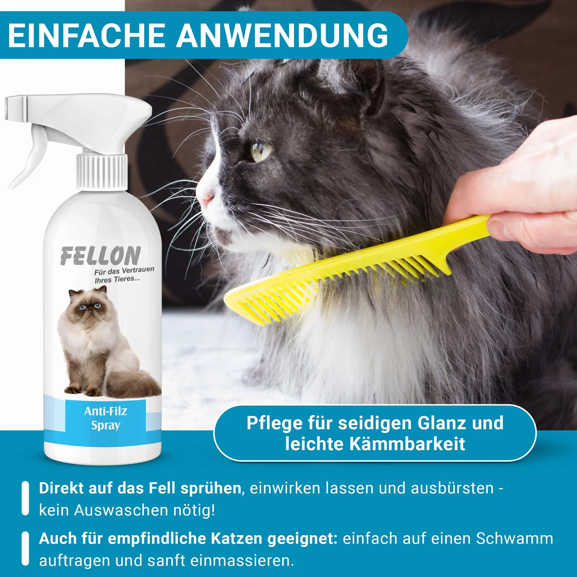 Fellon Spray anti-feutre pour chats - Spray démêlant 500 ml pH neutre - Soin du pelage brillance soyeuse