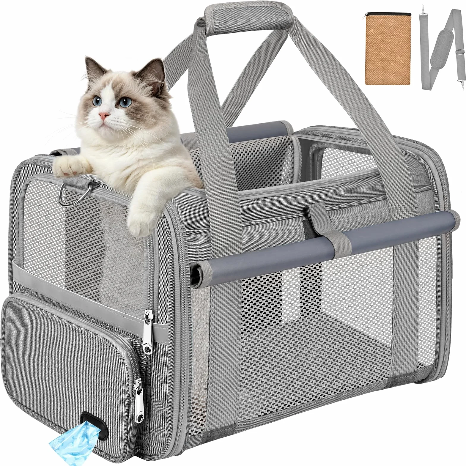 Sac Transport Chat Approuvé Aviation Sac Transport Chien Respirant et Pliable Caisse de Transport Chat avec Bandoulière Réglable Portable Cage Transport Chat avec Tapis Réversible (Gris)