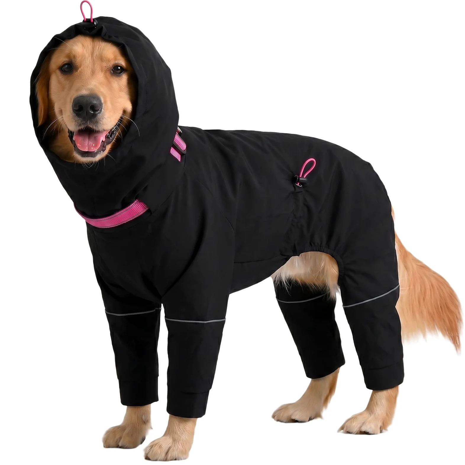 Kuoser Manteau de pluie imperméable pour chien avec capuche réglable Noir Taille XL | Manteau de pluie léger et respirant pour chien avec 4 pattes et col haut réglable réfléchissant