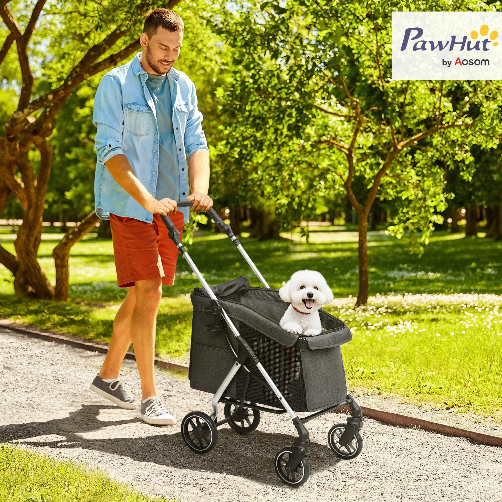 PawHut Poussette buggy pliable pour chien, porte-gobelets, laisse de sécurité, roues 360°, fenêtre à mailles, alliage d'aluminium, chariot chien chat petit miniature gris