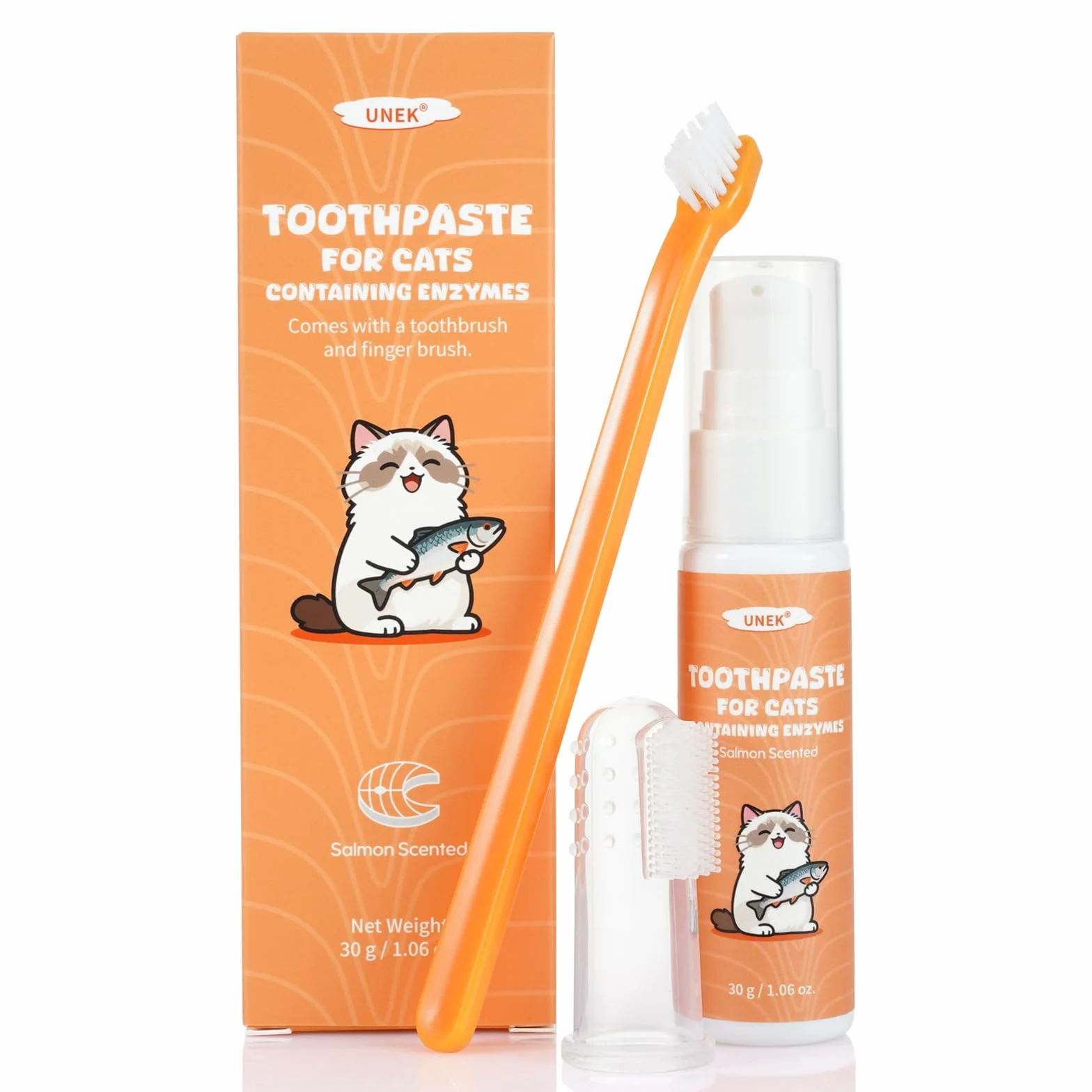 UNEK Kit de soins dentaires pour chat dentifrice enzymatique 30 g saumon brosse à dents brosse à doigts