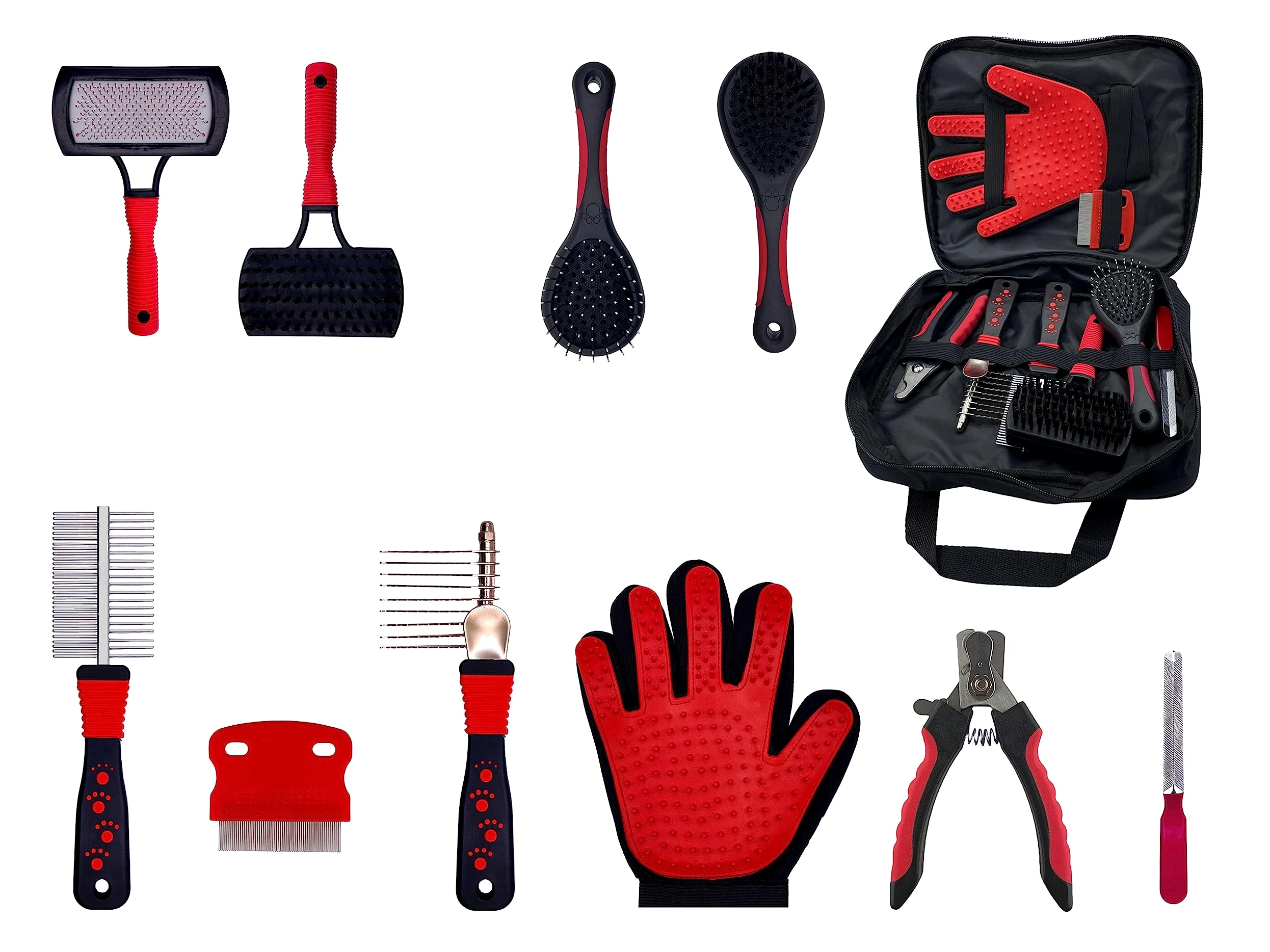 Masterclip Essentials Ensemble de toilettage pour chiens et chats – Contient 8 accessoires de toilettage quotidiens ; peigne démêlant, coupe-ongles, lime à griffes, brosses et peigne double face, gant