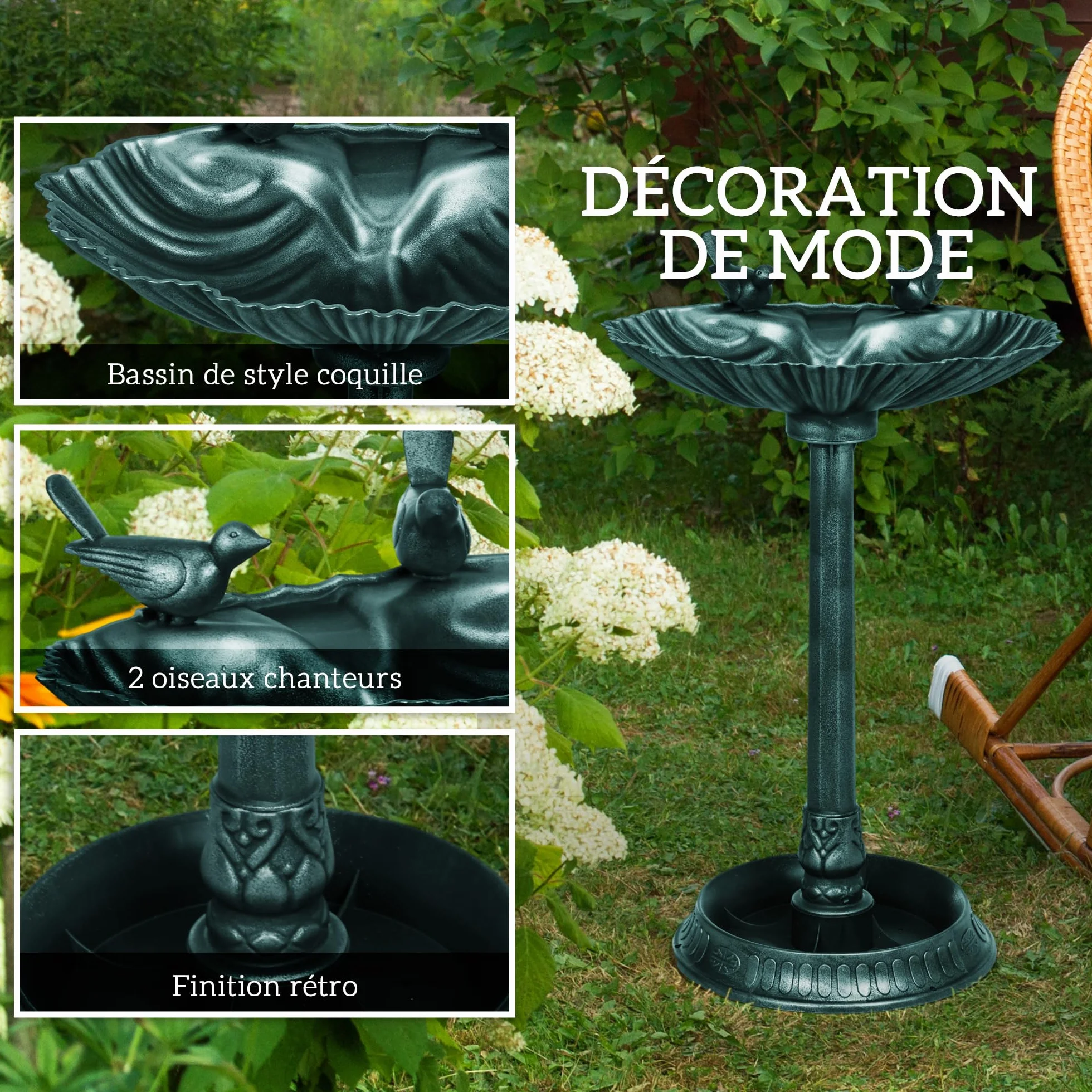 Outsunny Bain d'oiseaux Antique 81 cm avec Base de jardinière, Mangeoire, Bassin sur Pied, Style Vintage, Bronze Vert