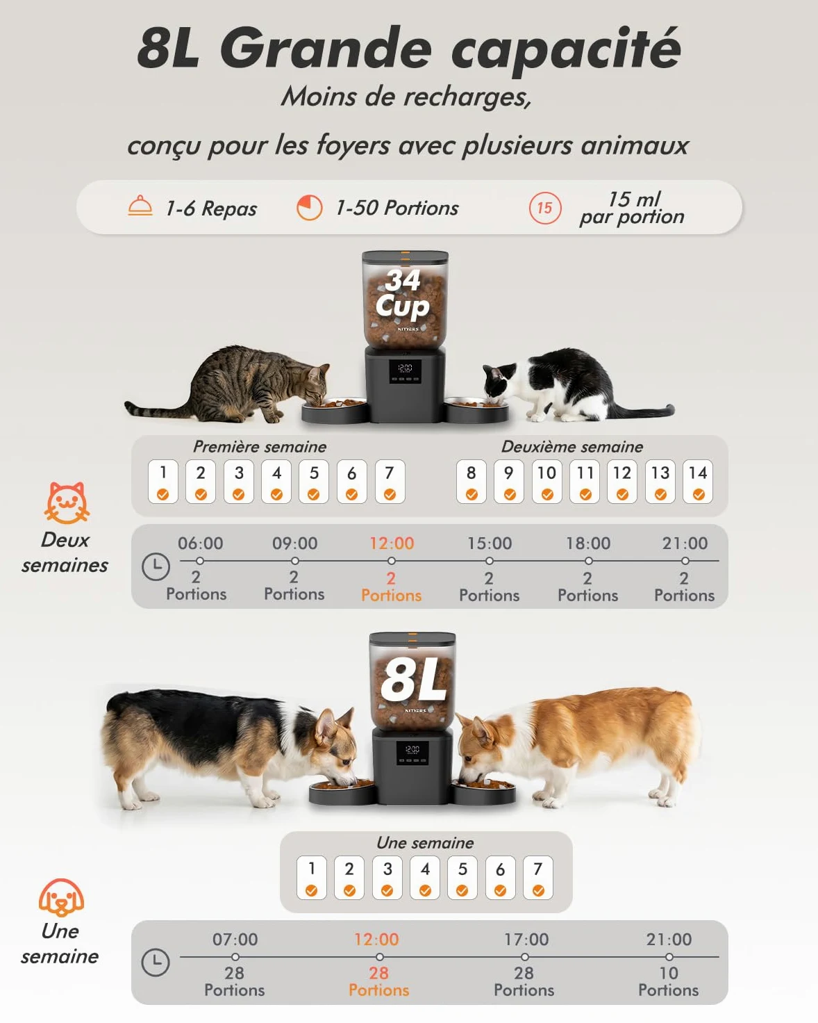 Distributeur Croquettes Chat Automatique 2 Bols, 8L Grande Capacité | Croquettes Jusqu'à 18mm, 2 Bols en Acier Inoxydable, Nettoyage Facile, Idéal pour Chats et Chiens Multiples