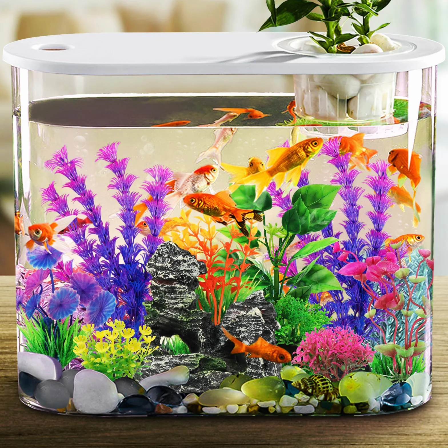 QUOZUO Plantes d'Aquarium Artificielle avec Rocher Polyrésine Grotte Ornement 9 Pièces