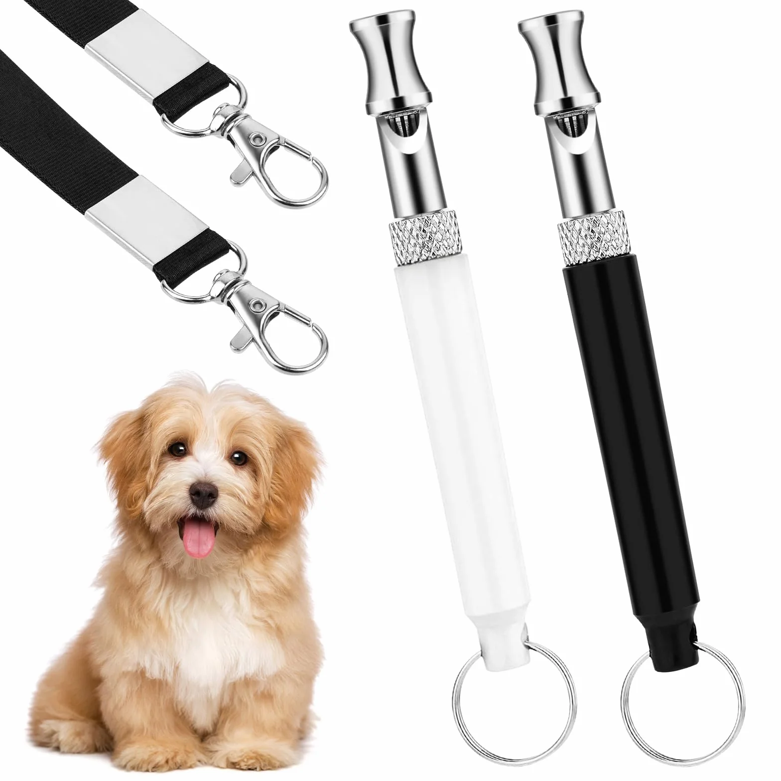 Sifflets professionnels anti-aboiement pour dressage de chiens avec cordon, réglables noir et blanc, lot de 2