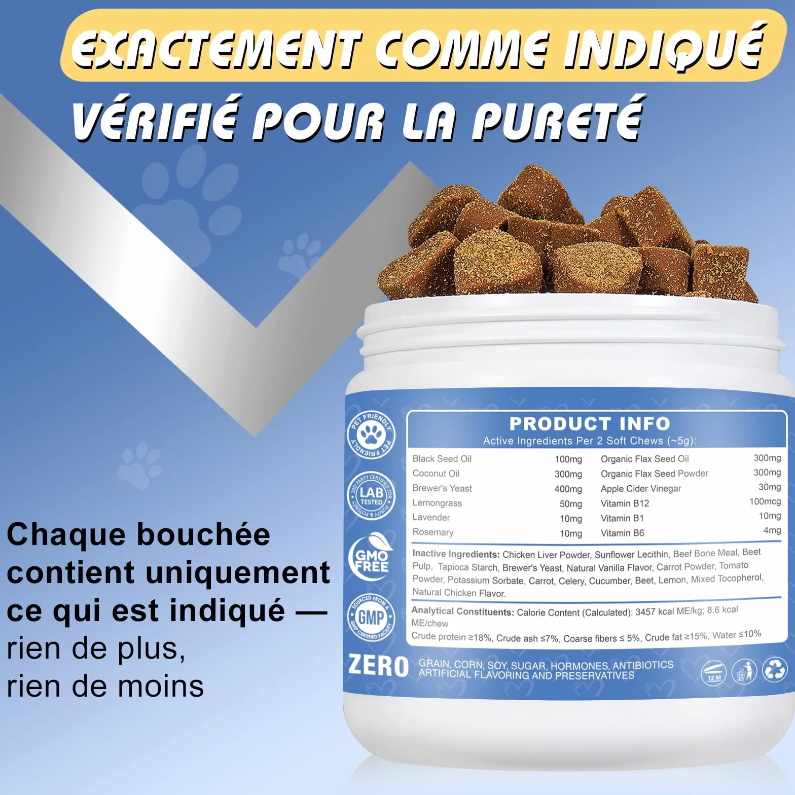 Flea and Tick Chewables for Dogs Omega 3 Probiotiques Poulet 300g