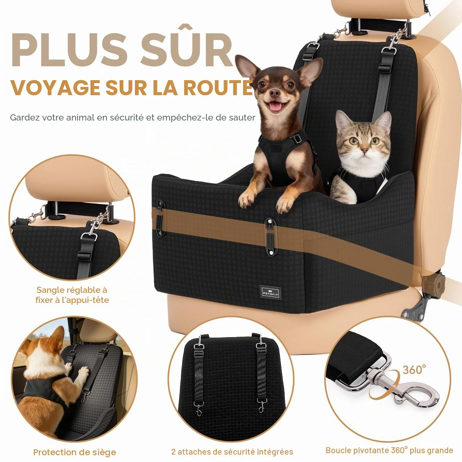 PETSFIT Siège Auto pour Chien jusqu'à 15kg – Système de Sécurité Breveté, Coussin Mémoire de Forme 13cm, Housse Lavable, Noir & Gris