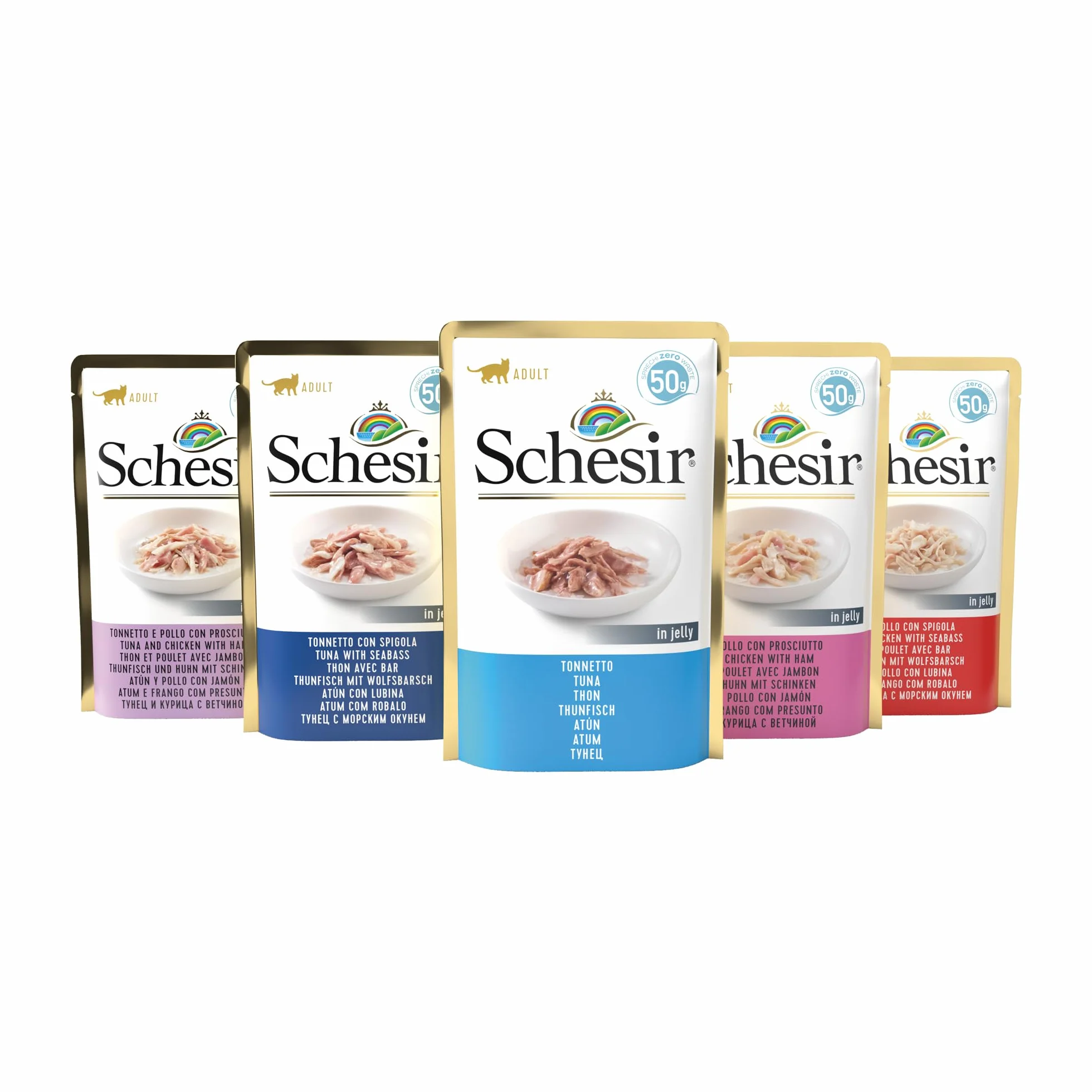 Schesir Cat Jelly Thon et Poulet avec crevettes, Nourriture pour Chat Humide 30 sachets x 50 g