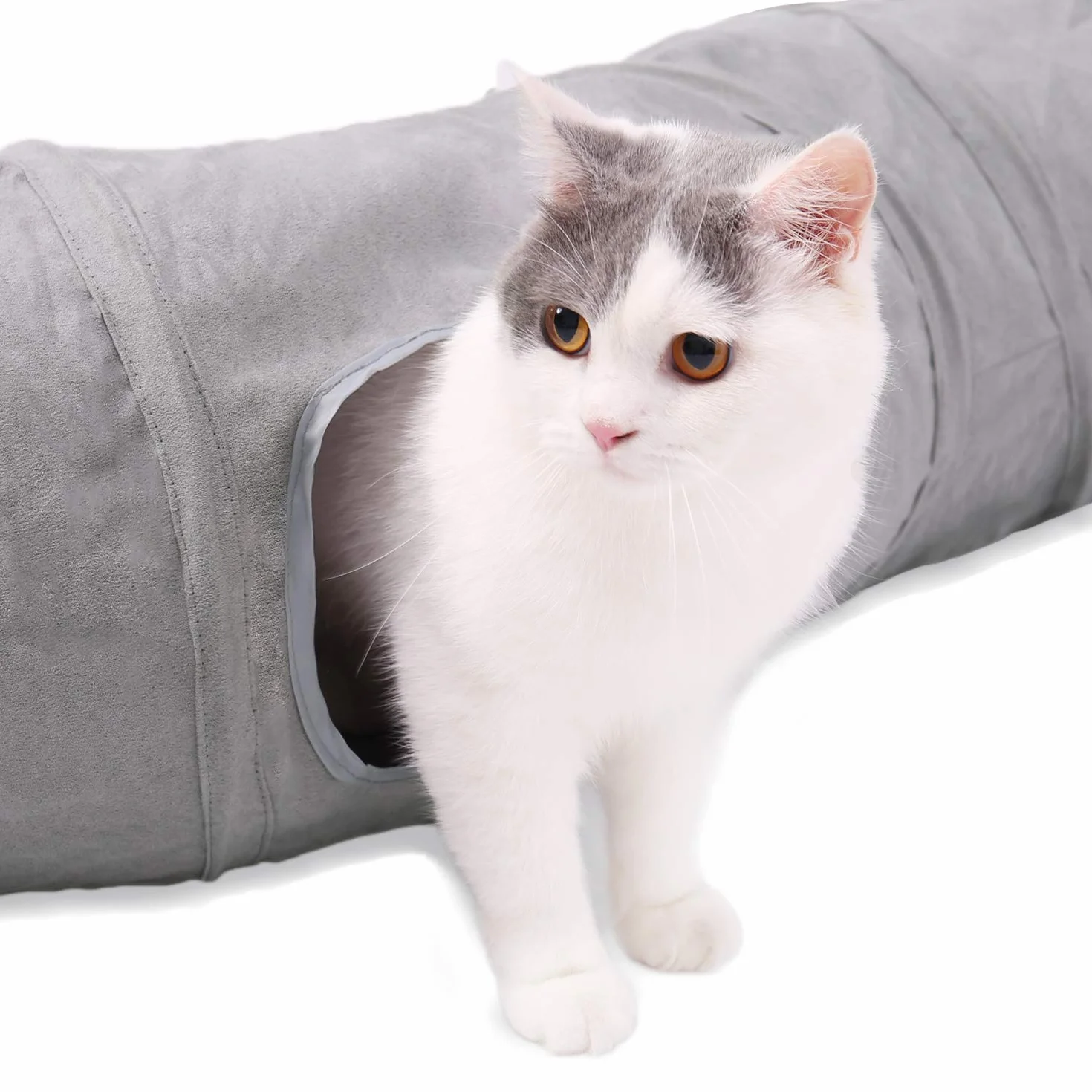 OHANA S Forme Jouet Tunnel pour Chat en Daim, Grand Tunnel a Chat Pliable avec 2 Trous et Boule Suspendue pour Chats Chatons Lapins Dia27 * 117cm