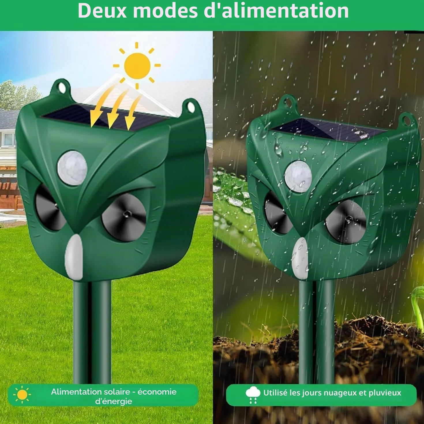 Répulsif à ultrasons pour chat, 5 modes, solaire et rechargeable, dissuasif pour cerf, chien, lapin, mouffette, oiseau pour jardin extérieur (RC546)