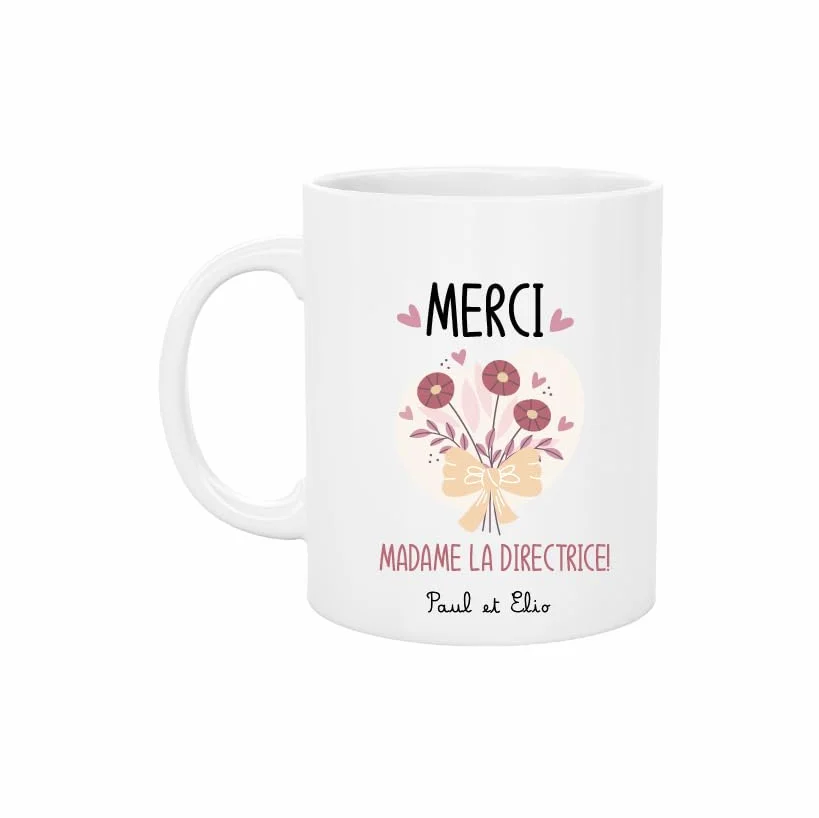 Mug Céramique Merci Madame la Directrice – Personnalisé avec Prénom(s) Enfant(s) – Fleurs Roses – Cadeau Fin d’Année Scolaire – 330 ml