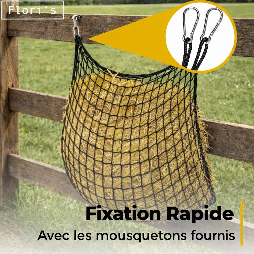 Filet à foin pour chevaux 90×120 cm maille étroite 4,5 cm mousqueton Slow Feeder