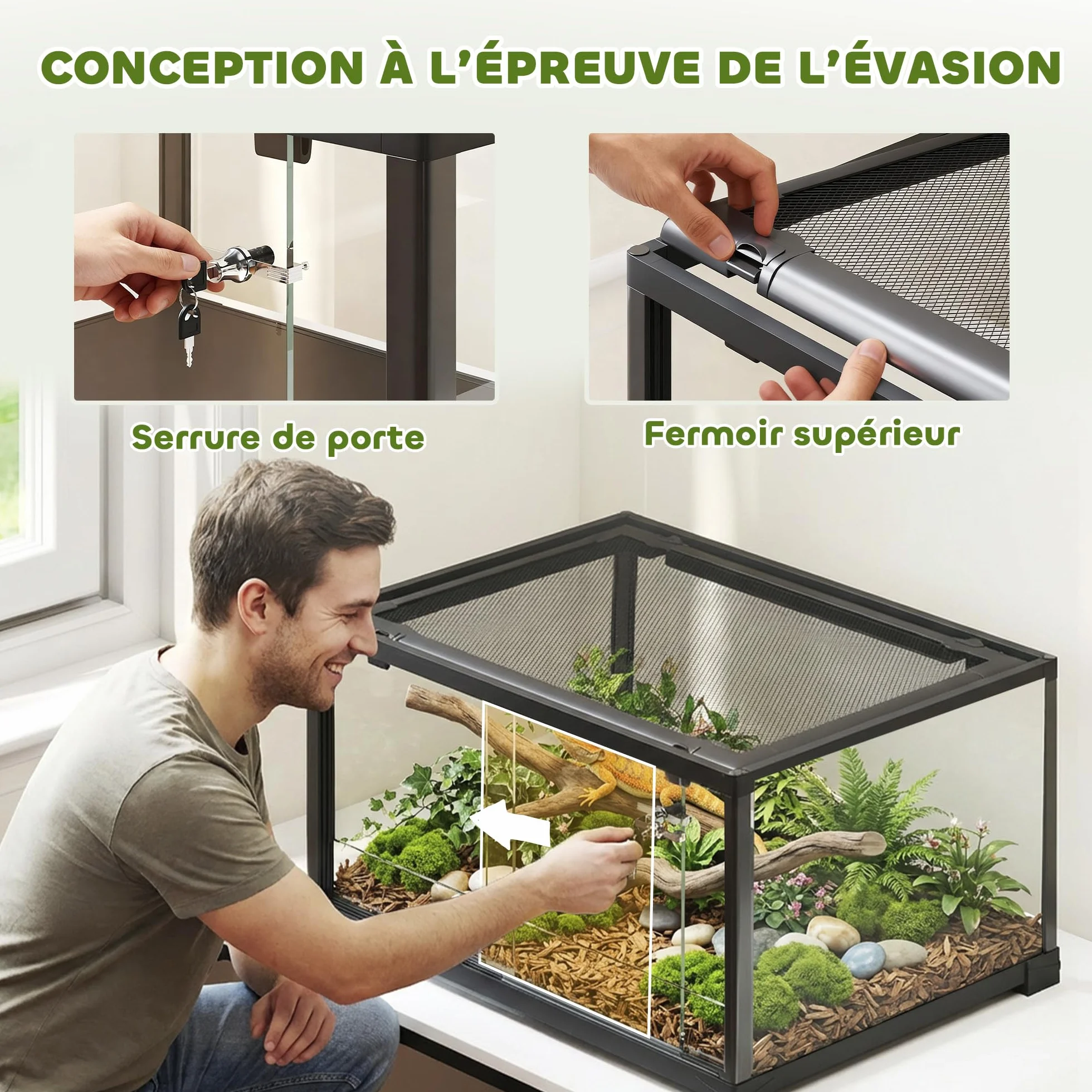 PawHut Terrarium en Verre 86L 60x45x32cm pour Reptiles Lézards Serpents Geckos Porte Coulissante Noir