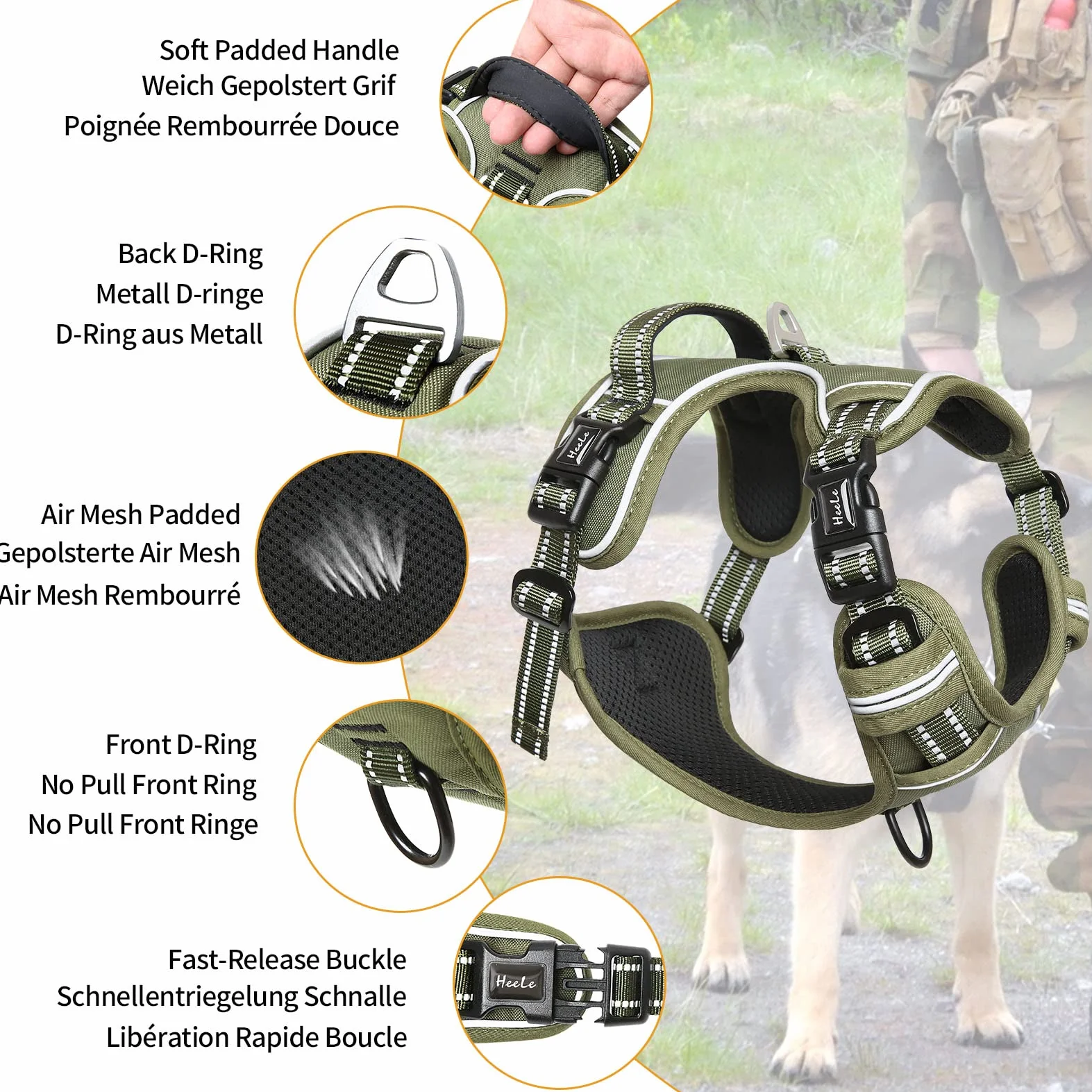 Harnais Chien Anti Traction Réfléchissant pour Moyen Grand Chien avec Poignée Rembourrée, Vert, M