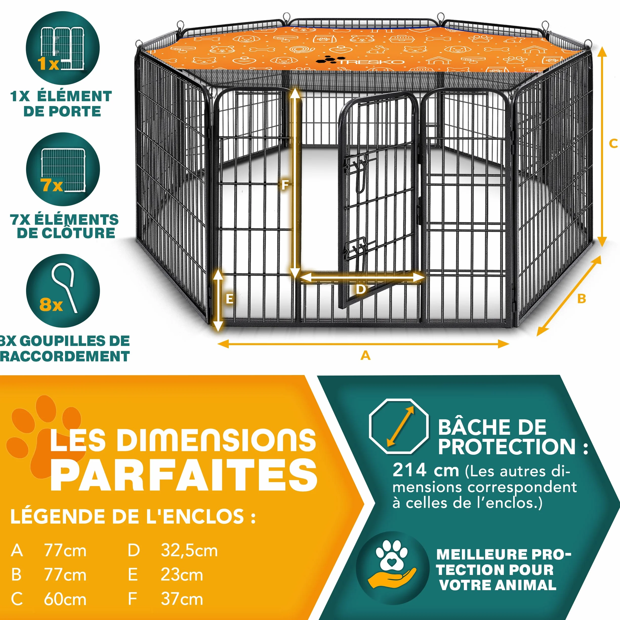 TRESKO Parc d'extérieur pour Chiens Enclos en métal Circonférence 640 cm Hauteur 60 cm Noir