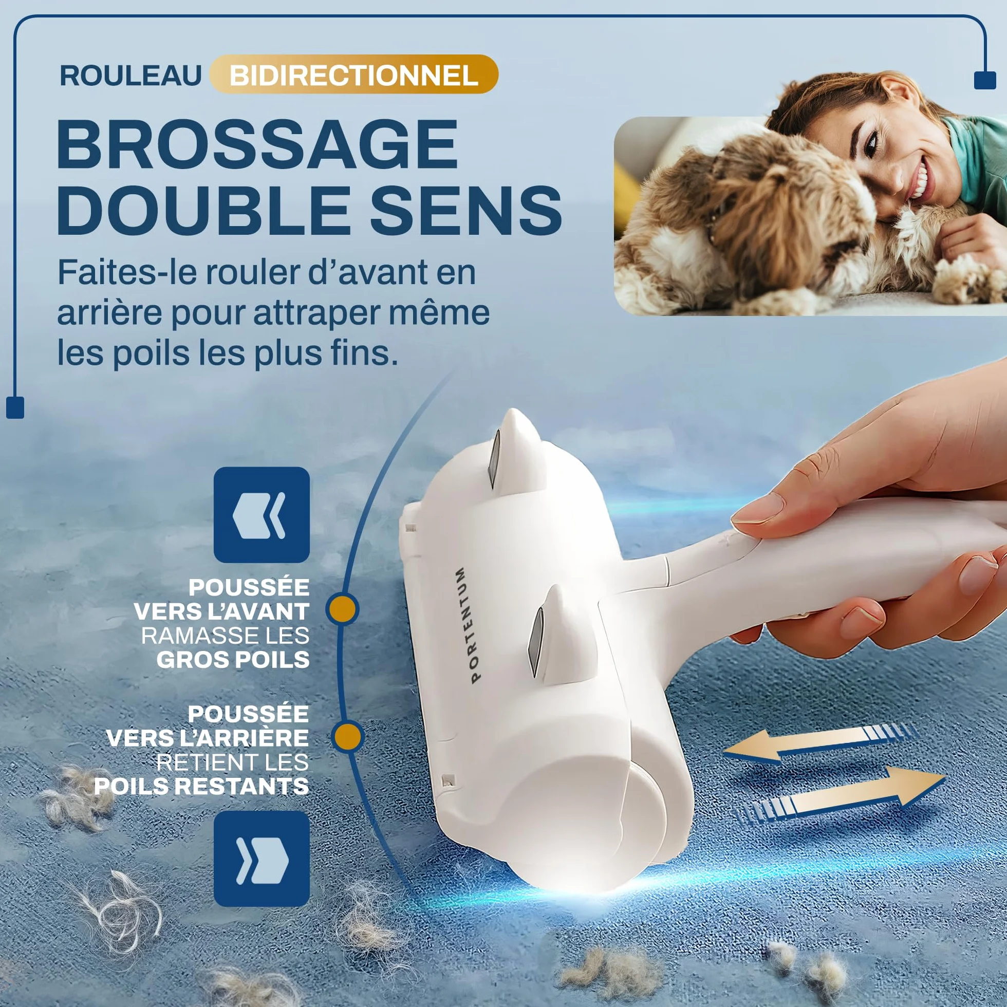 PORTENTUM Brosse Chat Anti Poils Animaux Chien, Rouleau à Poils Réutilisable pour Canapé, Arbre à Chat, Voiture