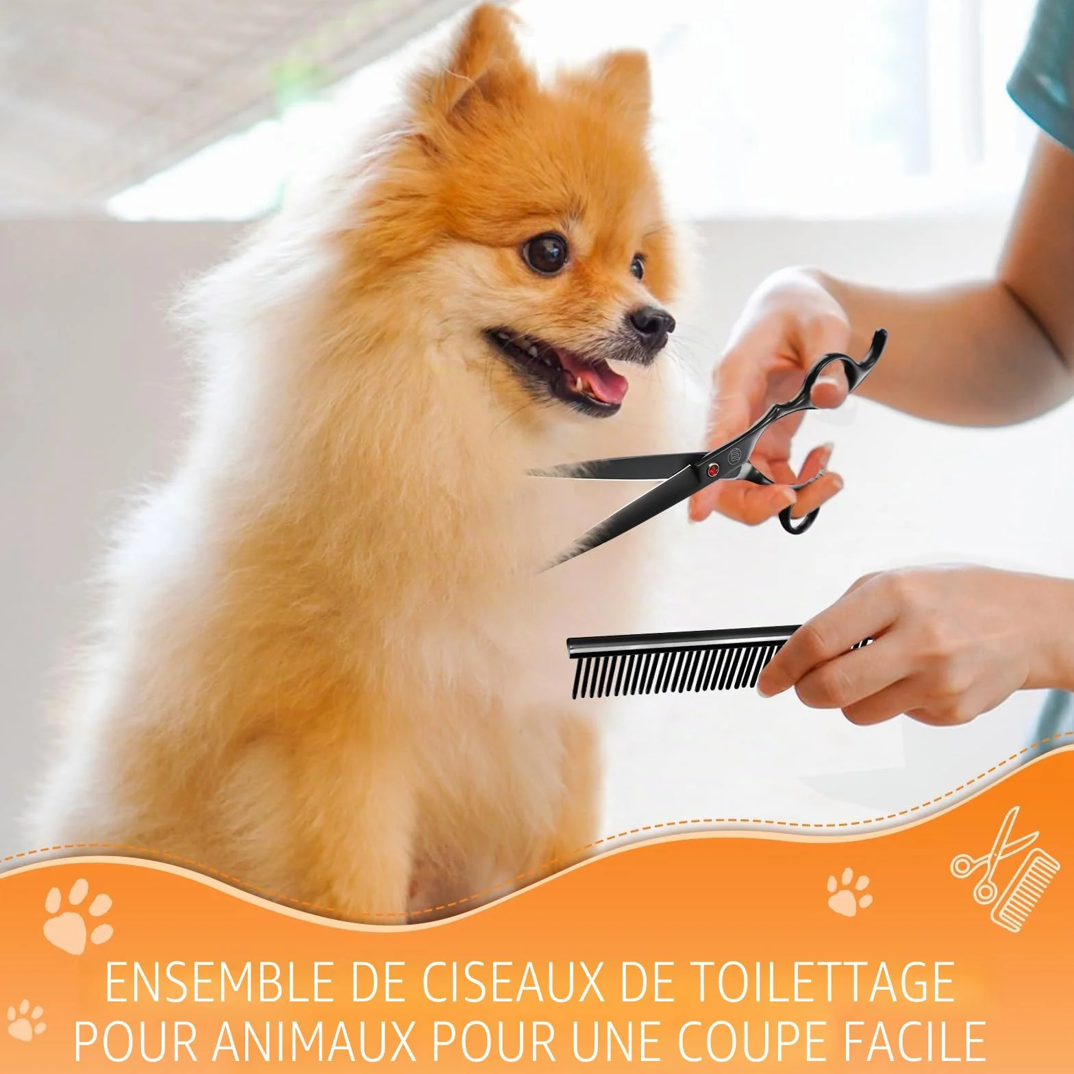 Moontay Professionnel Ciseaux Toilettage Chien et Animaux - Set Acier Inoxydable avec Droits, Courbés, Arête de Poisson, Effileurs, Peigne et Tissu de Nettoyage - Noir