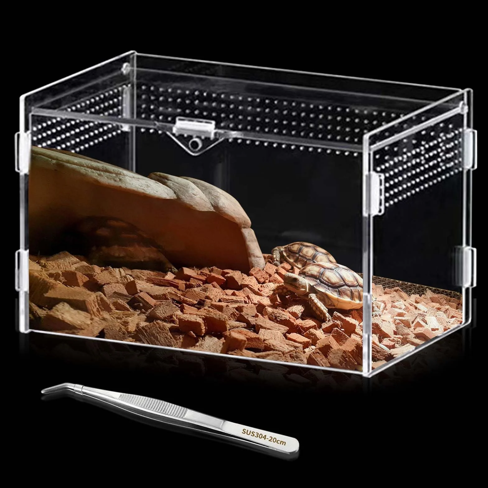 Boîte d'alimentation pour reptiles en acrylique 20x12x12 cm Mini terrarium transparent Avec tweezer en acier inoxydable
