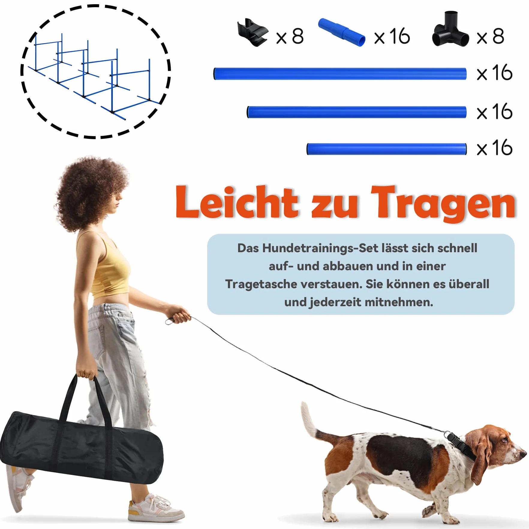 Froadp Agility Lot de 4 obstacles pour chiens - Slalom - Barres réglables en hauteur - 104 x 70 x 101 cm - Bleu
