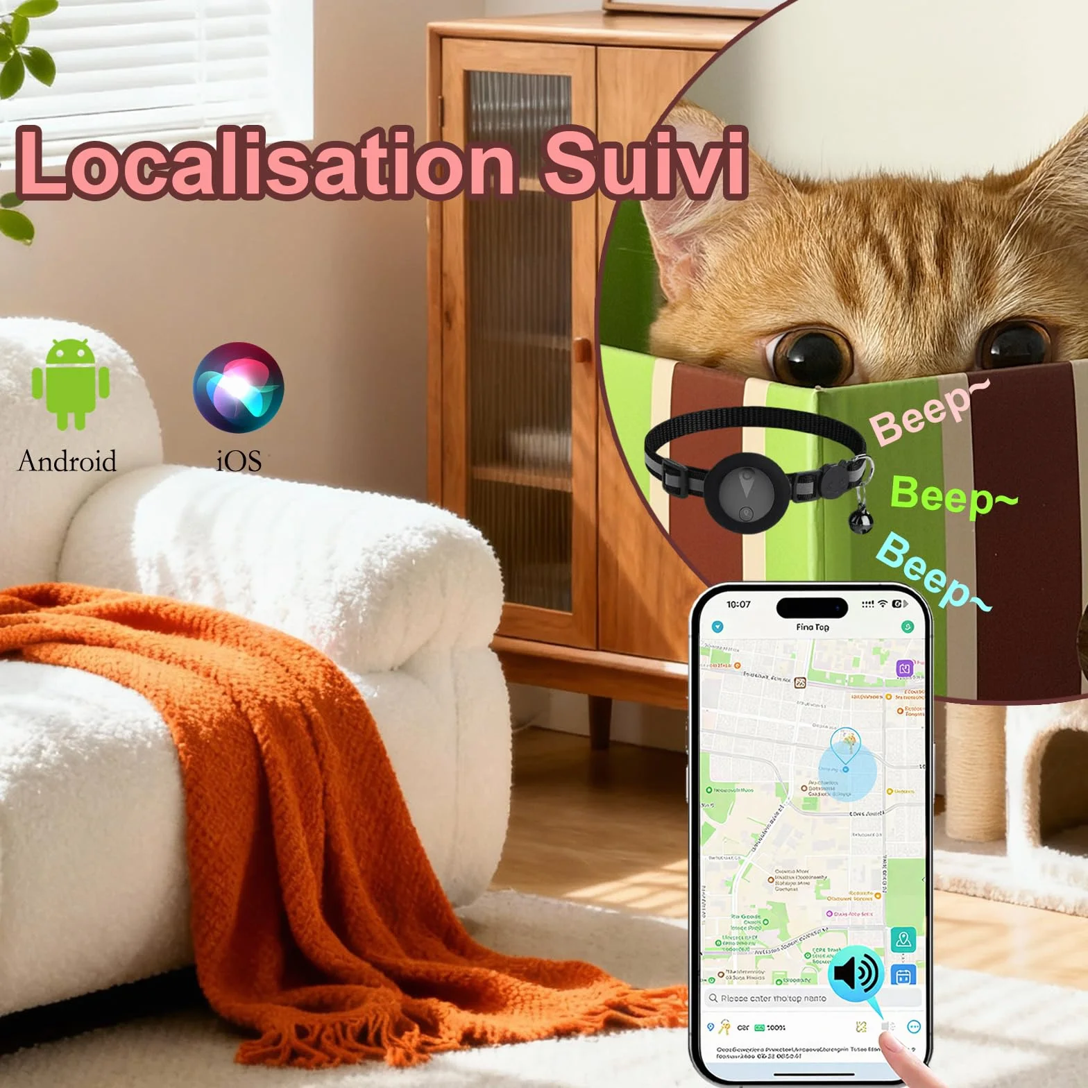 Collier GPS Chat Enregistrement des Trajets sur 7 Jours Collier GPS pour Chien Compatible avec iOS et Android GP S Chien Suivi en Temps RéEl GP S Tracker Traceur pour Animaux éTanche IP67 - Noir