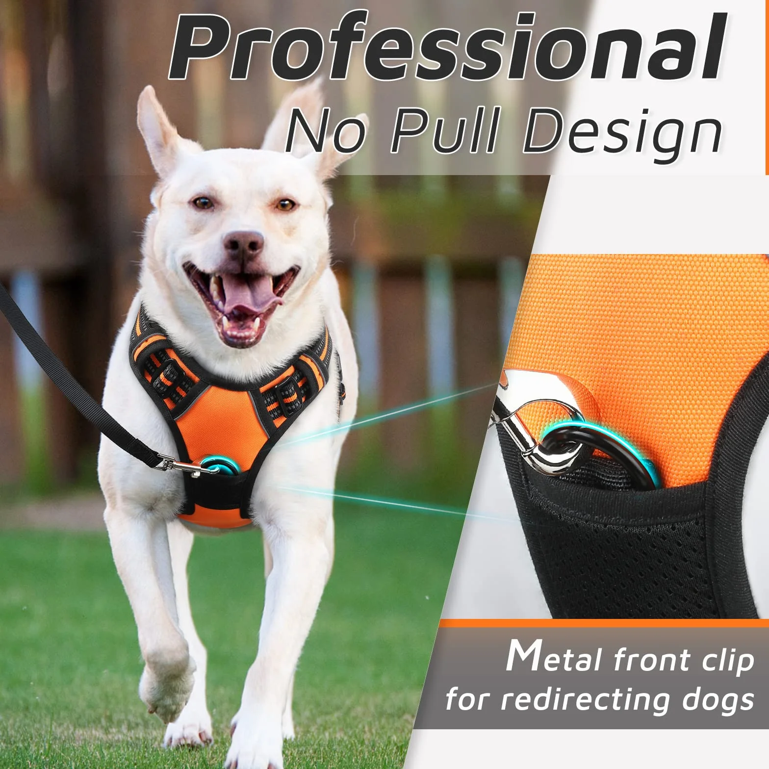 Harnais Chien Anti Traction Réfléchissant Réglable avec Poignée Contrôle, pour Chien Moyen et Grand, Orange, L