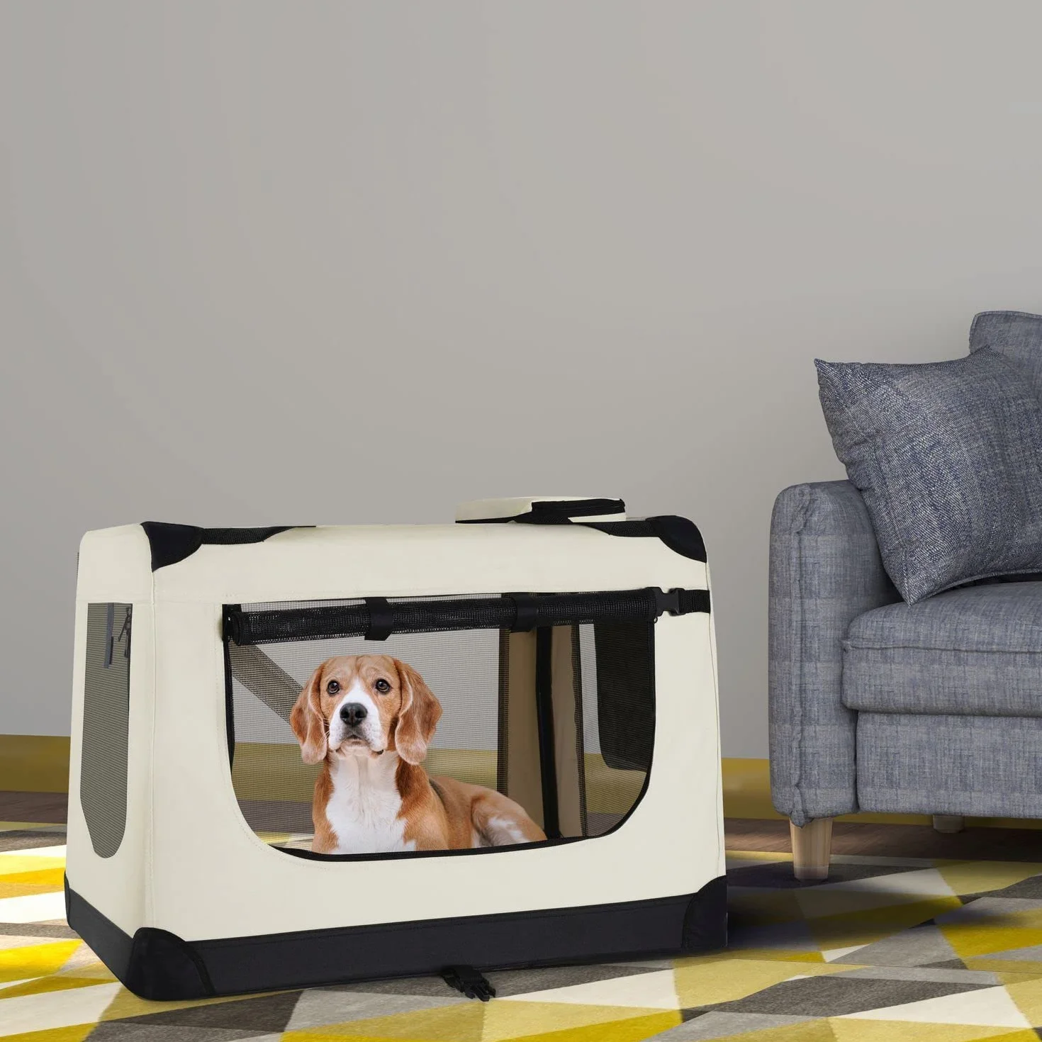 Juskys Caisse de Transport Pliable pour Chiens Lassie XL Beige 58 x 82 x 58 cm Tissu