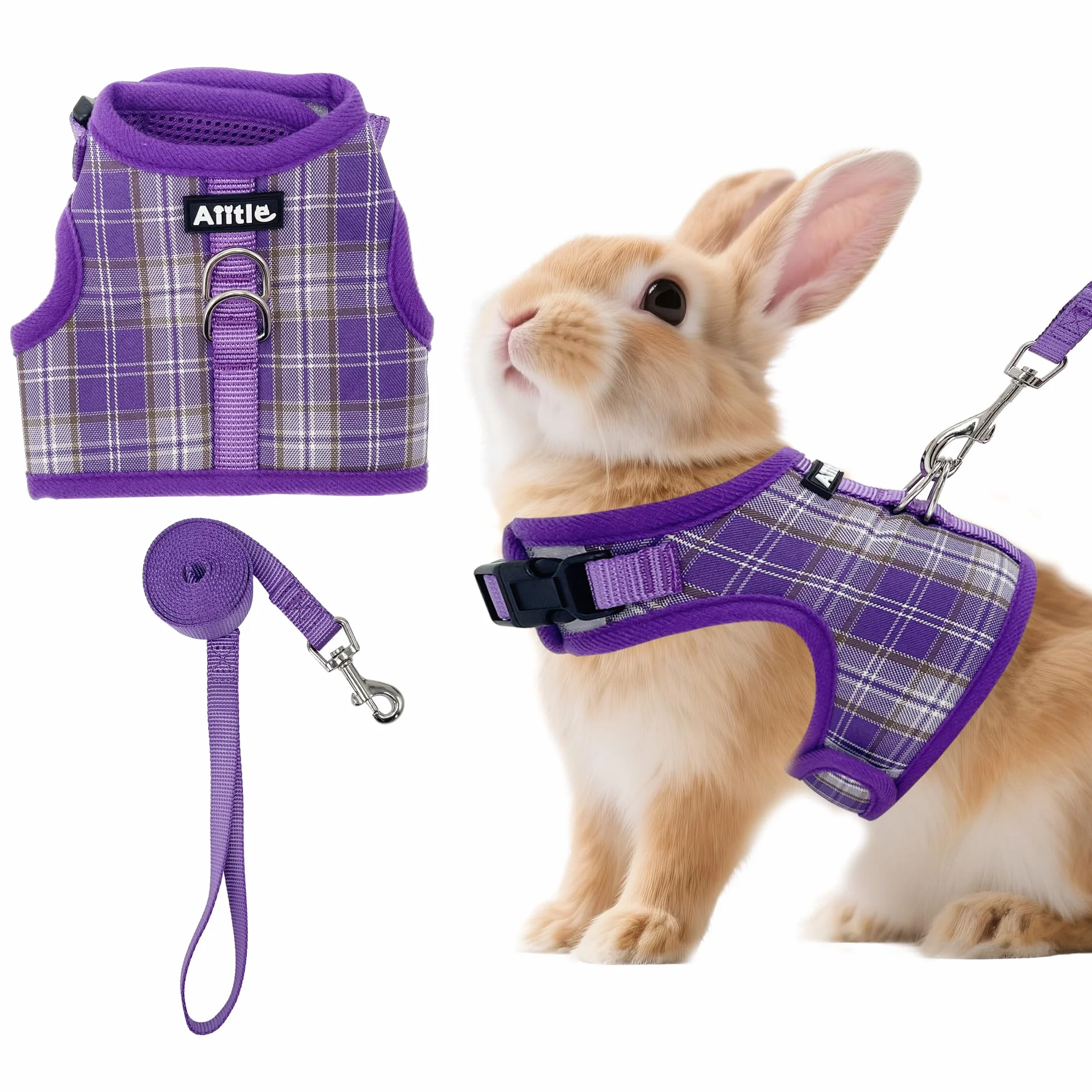 AIITLE Ensemble de harnais et laisse pour lapin anti-évasion - Design à ruban magique, rembourrage en maille à motif à carreaux léger, sans étouffement ni traction pour chiot, chat, rat, écureuil