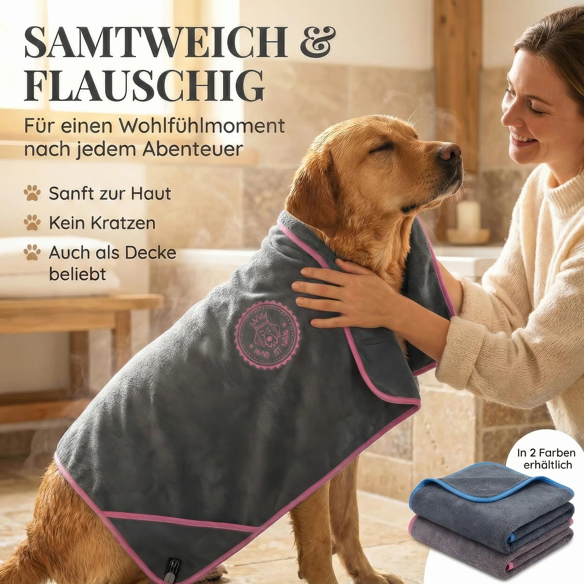 HUND IST KÖNIG Serviette pour Chien Extra absorbante Ultra Douce Microfibre 4 Poches Lavable 60 °C 130 x 75 cm
