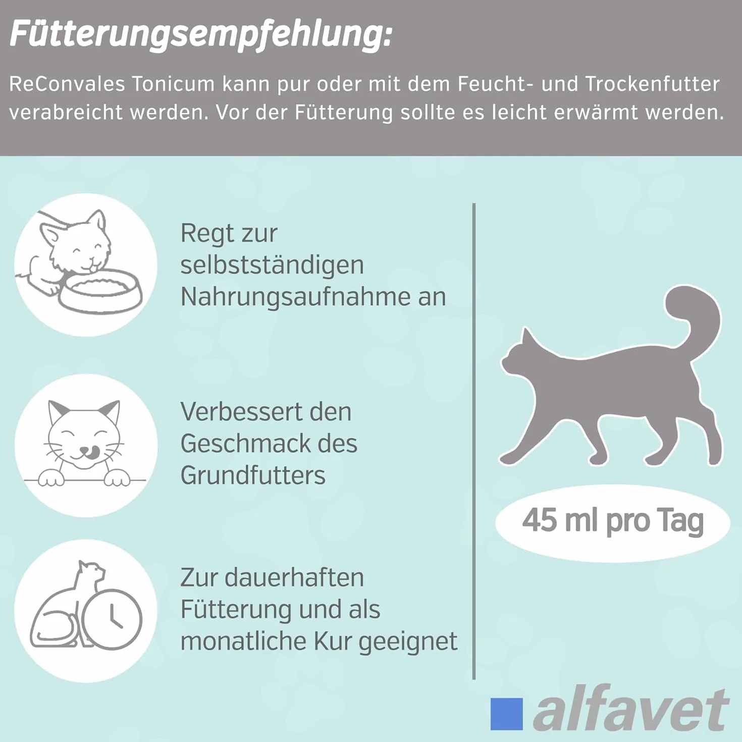 alfavet ReConvales Tonicum Chat, complément alimentaire diététique pour convalescence et poids insuffisant, 12 x 45 ML