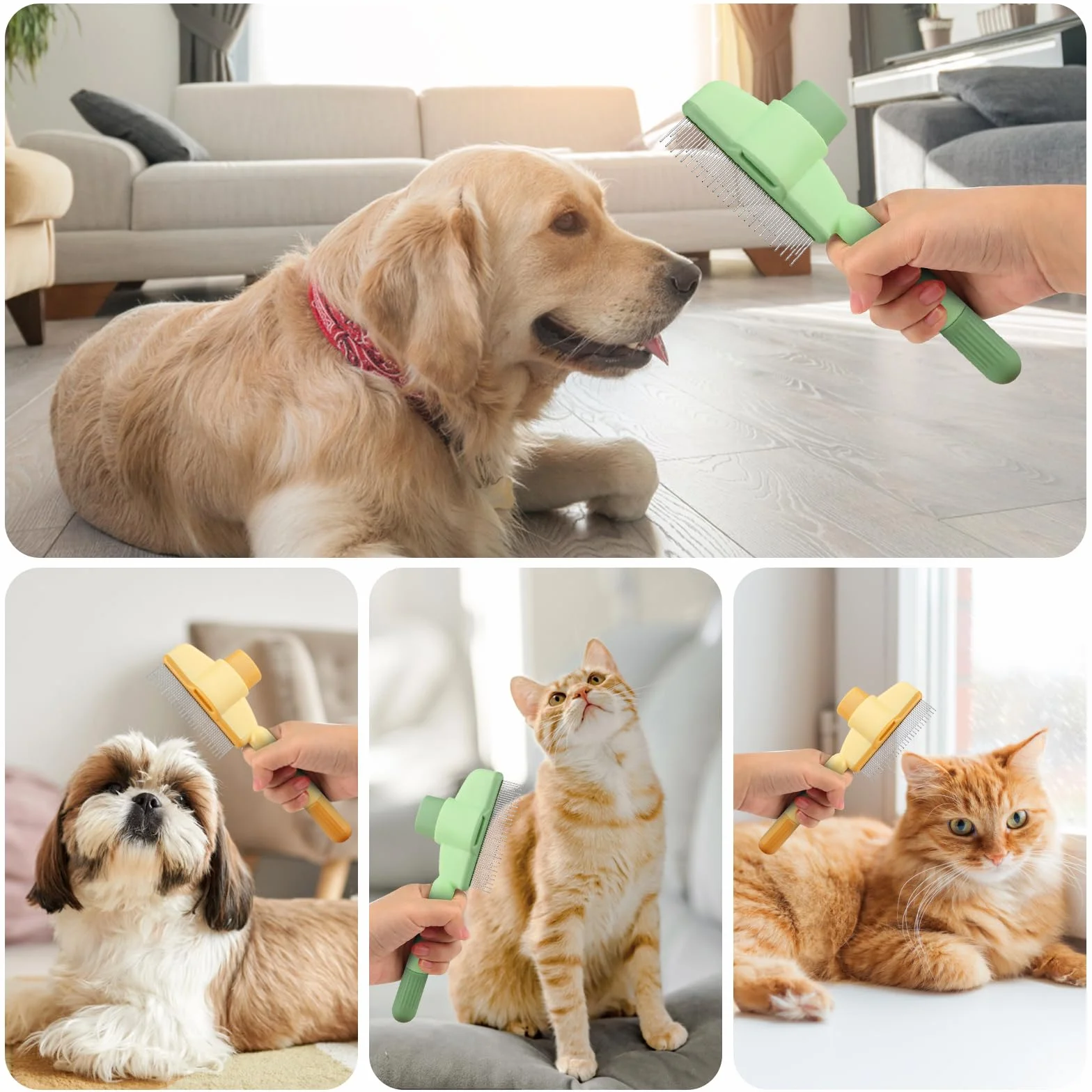 Brosse pour Chat Autonettoyant 2 Pièces, Peigne pour Chats Poil Long et Court, Brosse Attrape Poils avec Bouton de Déverrouillage