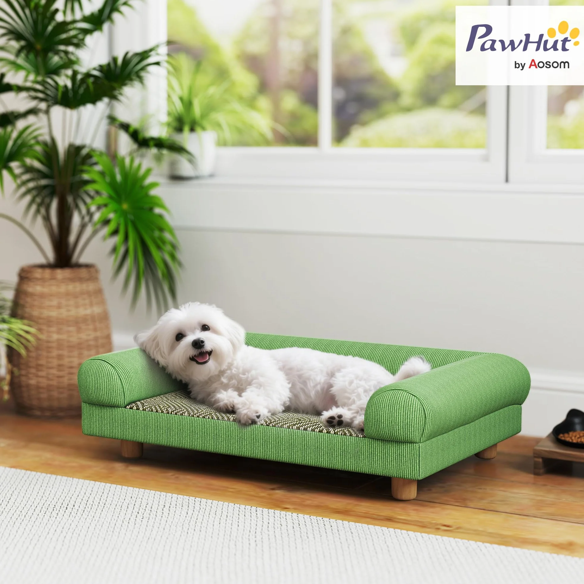 PawHut Canapé pour Chien Chat Lit Surélevé avec Tapis Frais, Accoudoirs, Pieds Velours Doux 63x41x17 cm Vert