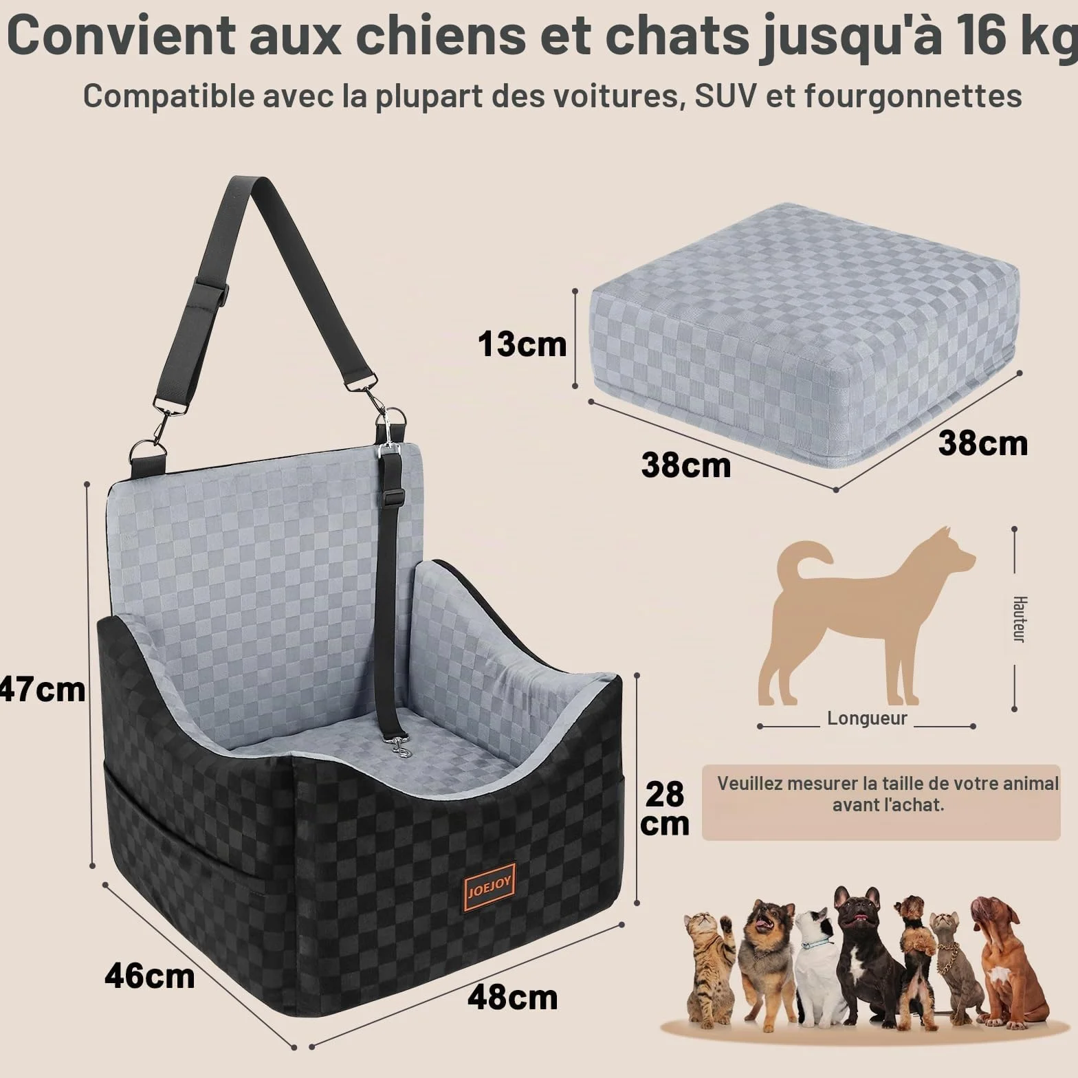 Siège Auto Chien Extra Stable pour Petite à Moyenne Taille, Mousse à Mémoire de Forme, Housse Lavable, Coussin Double Face