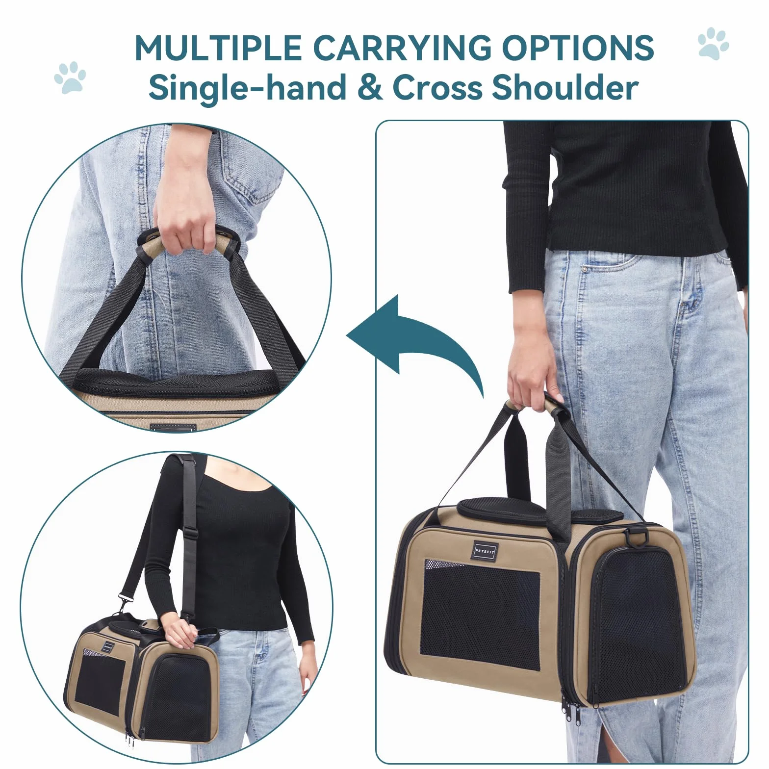 Petsfit Sac de Transport pour Chat et Petit Chien Léger avec Matelas Extensible et Sangle de Sécurité Pliable Aéré Kaki