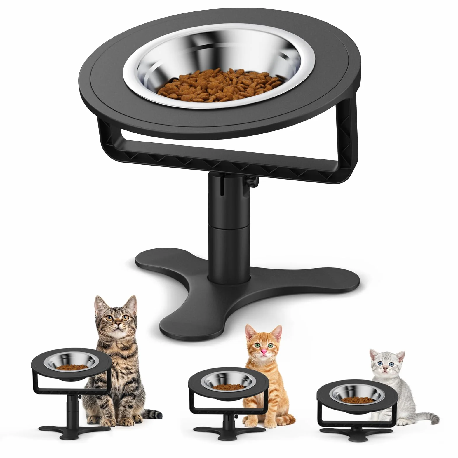 Bol surélevé pour Chat avec Support inclinable à 15°, Hauteur Ajustable 6/10/15 CM, Bols en Acier Inoxydable, Support antidérapant