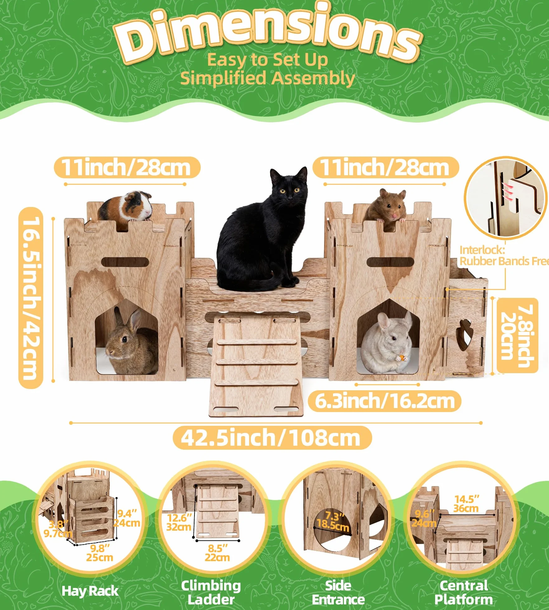 HIIMALEX Château de lapin extra large en bois à plusieurs étages, cachette ventilée robuste pour lapin, cochon d'Inde, chinchilla furet