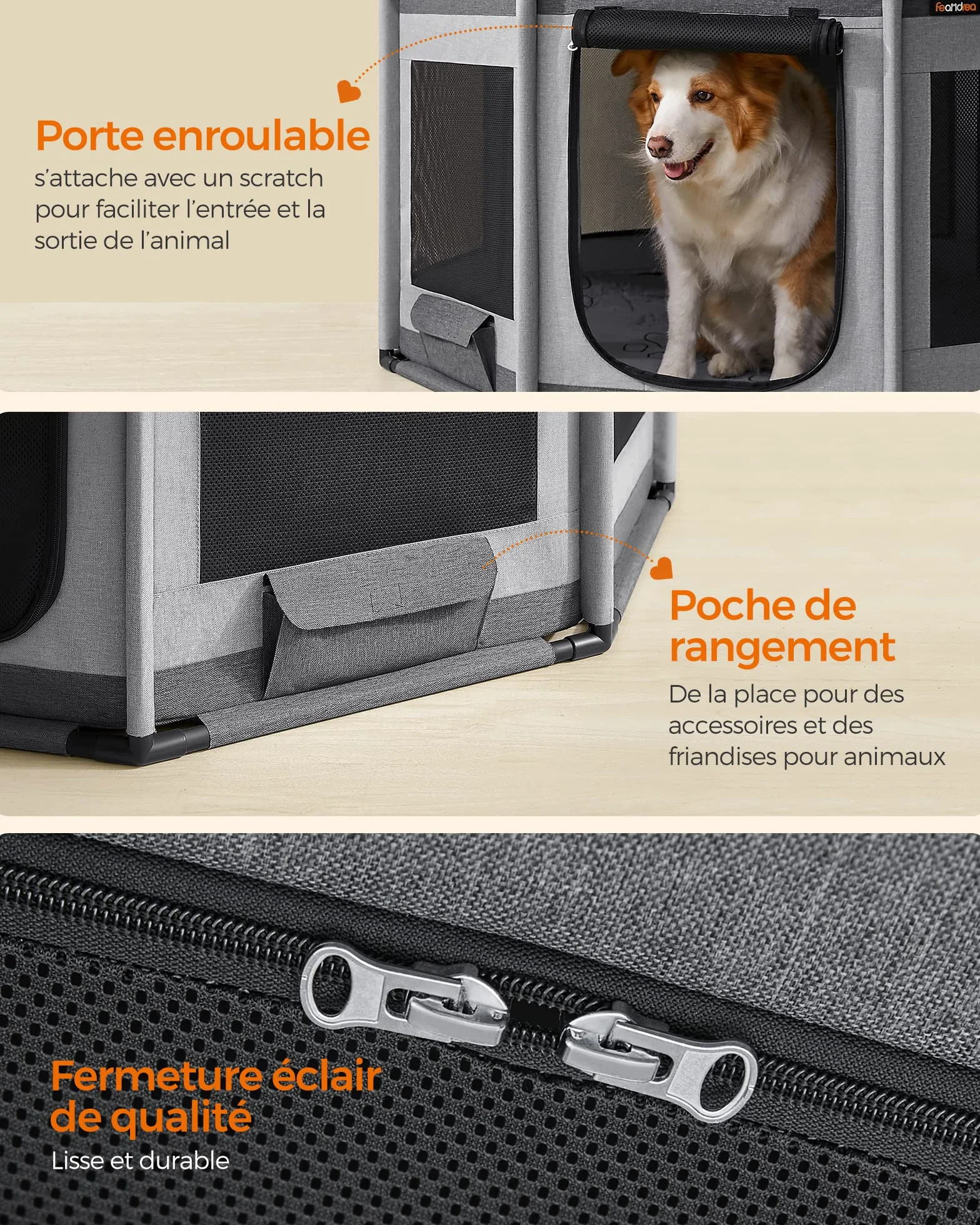 Feandrea Parc pour Chien en Tissu Oxford, Clôture Octogonale, Enclos Taille L, 112 x 112 x 62 cm, Gris Foncé et Gris Clair