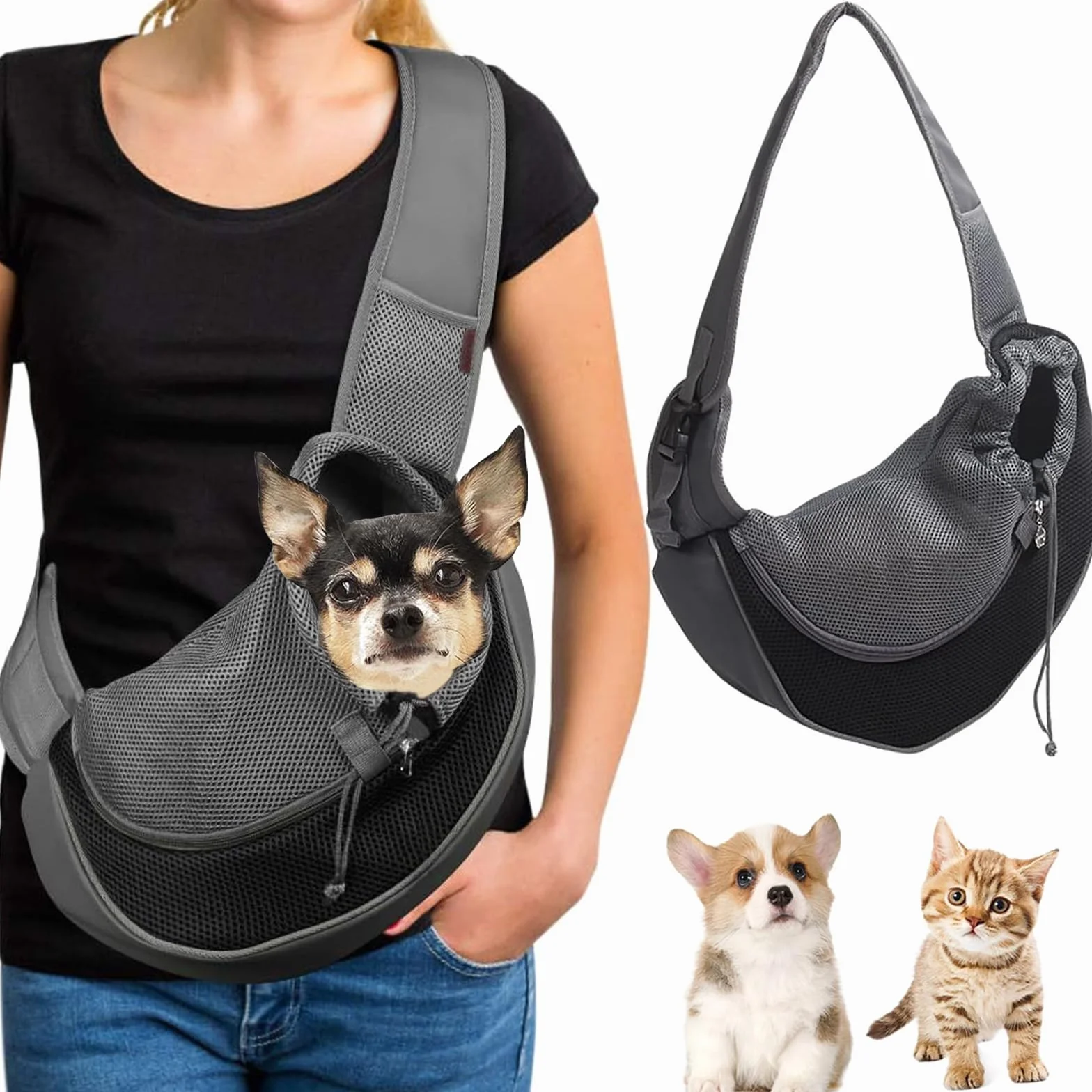 Sac de Transport en Maille Respirant pour Chien et Chat - Bandoulière Réglable Mains Libres (Noir)