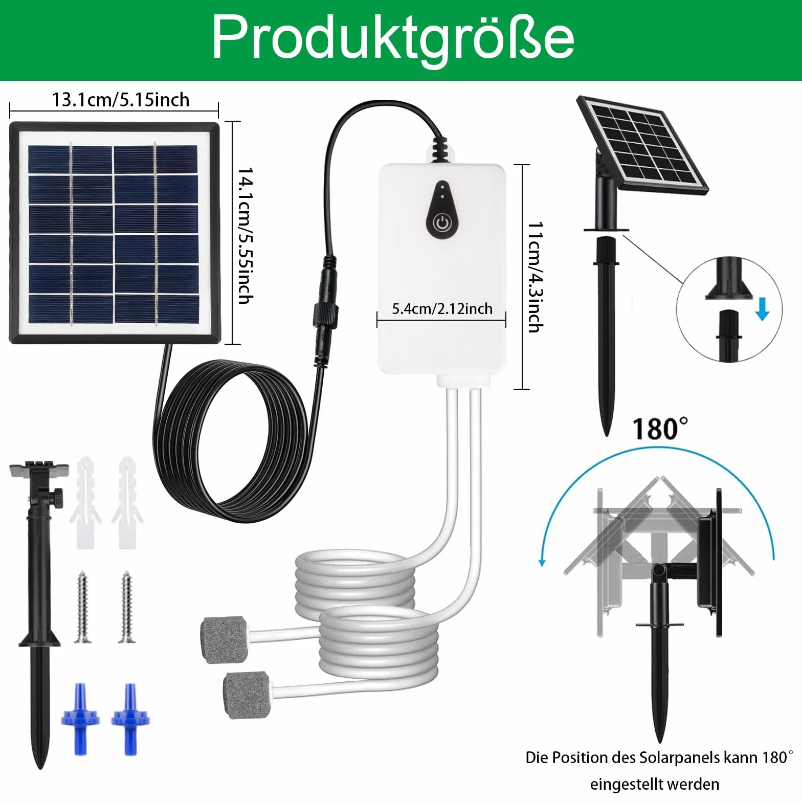 Pompe à air solaire 2W pour aquarium, aérateur de pêche avec tube et pierres à bulles, chargement USB